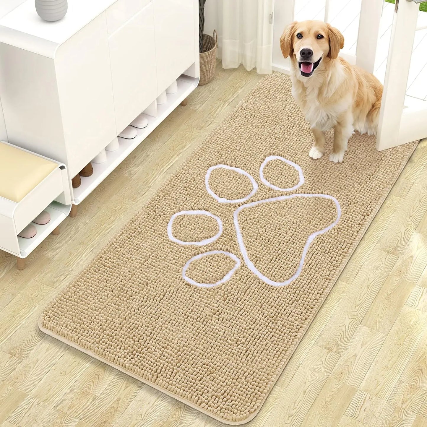 OLANLY Ultra Absorbent Chenille Door Mat for Pets - 24x16 Inches Non-Slip Washable Entryway Mat with Charming Paw Print Design and Quick-Dry Features in Beige OLANLY