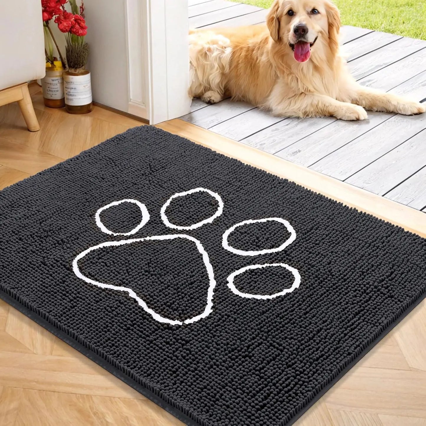OLANLY Ultra Absorbent Chenille Door Mat for Pets - 24x16 Inches Non-Slip Washable Entryway Mat with Charming Paw Print Design and Quick-Dry Features in Beige OLANLY
