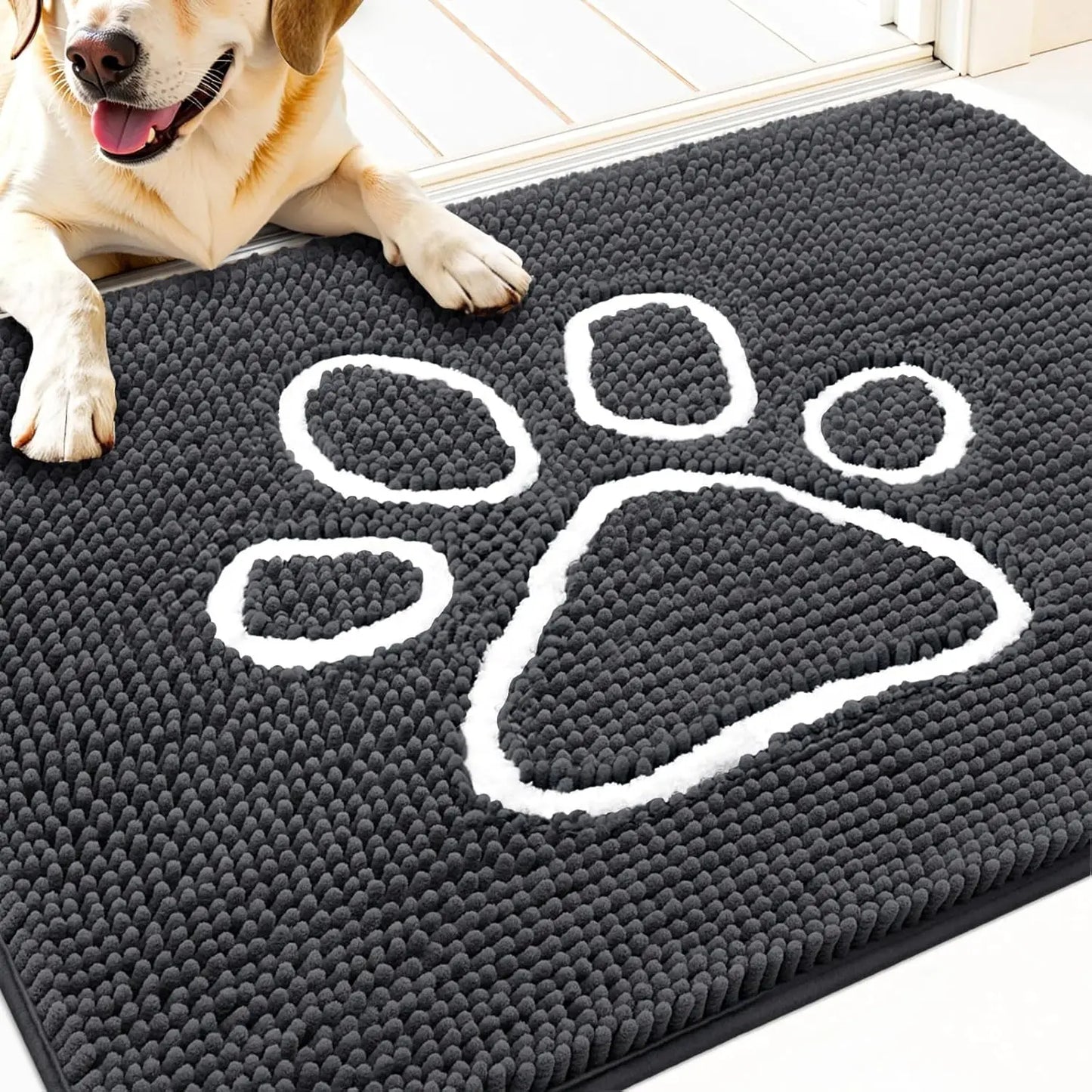 OLANLY Ultra Absorbent Chenille Door Mat for Pets - 24x16 Inches Non-Slip Washable Entryway Mat with Charming Paw Print Design and Quick-Dry Features in Beige OLANLY