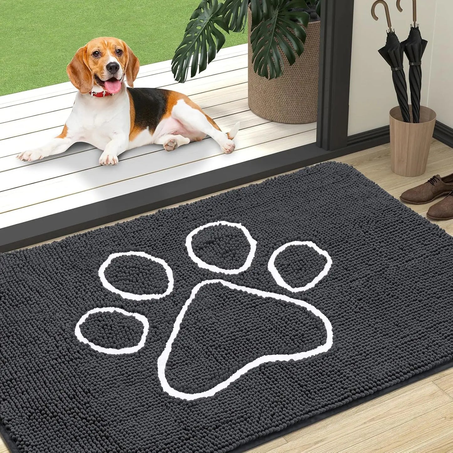 OLANLY Ultra Absorbent Chenille Door Mat for Pets - 24x16 Inches Non-Slip Washable Entryway Mat with Charming Paw Print Design and Quick-Dry Features in Beige OLANLY