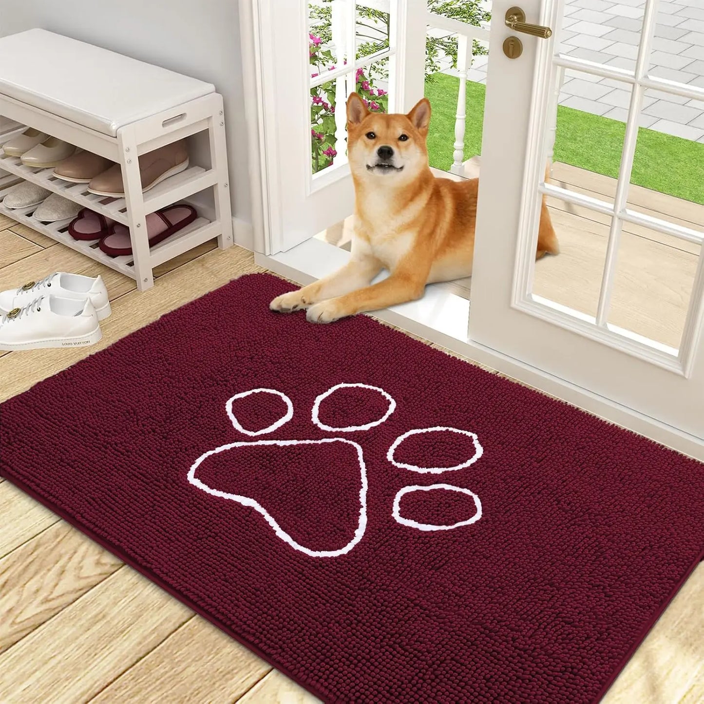 OLANLY Ultra Absorbent Chenille Door Mat for Pets - 24x16 Inches Non-Slip Washable Entryway Mat with Charming Paw Print Design and Quick-Dry Features in Beige OLANLY