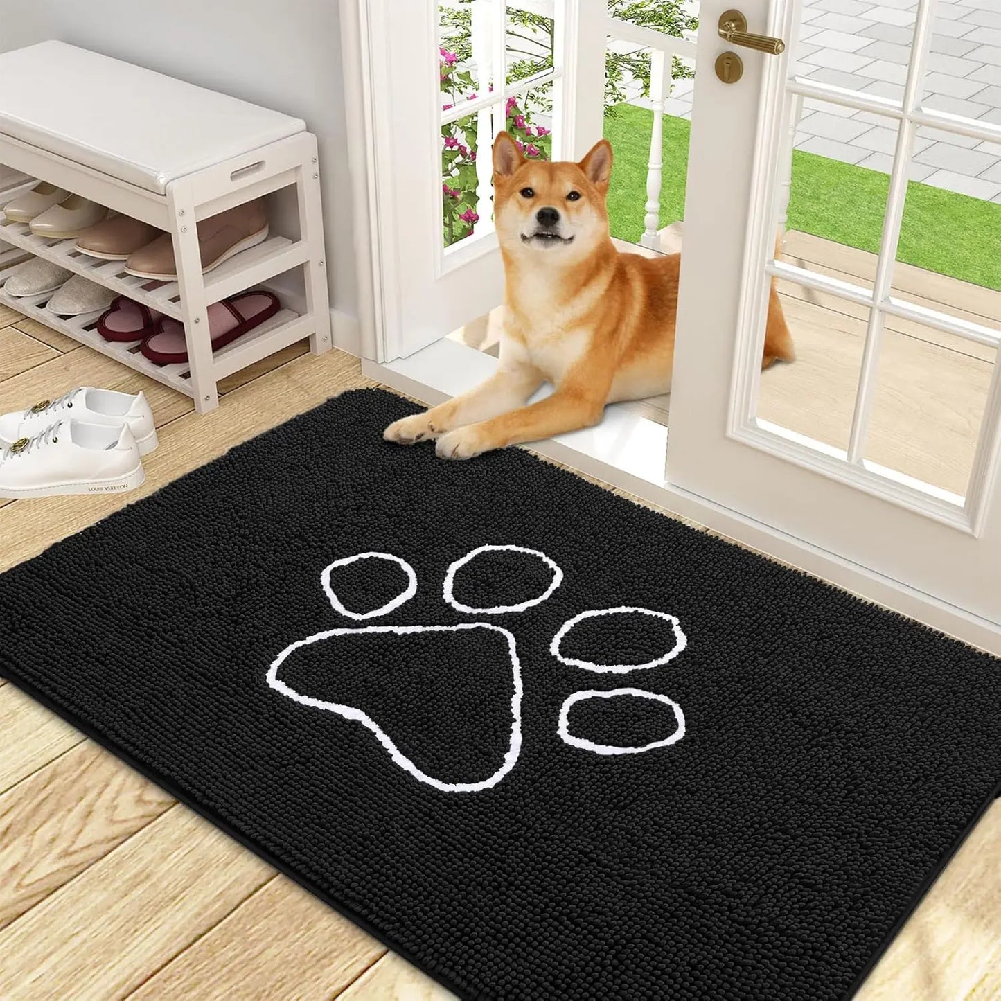 OLANLY Ultra Absorbent Chenille Door Mat for Pets - 24x16 Inches Non-Slip Washable Entryway Mat with Charming Paw Print Design and Quick-Dry Features in Beige OLANLY