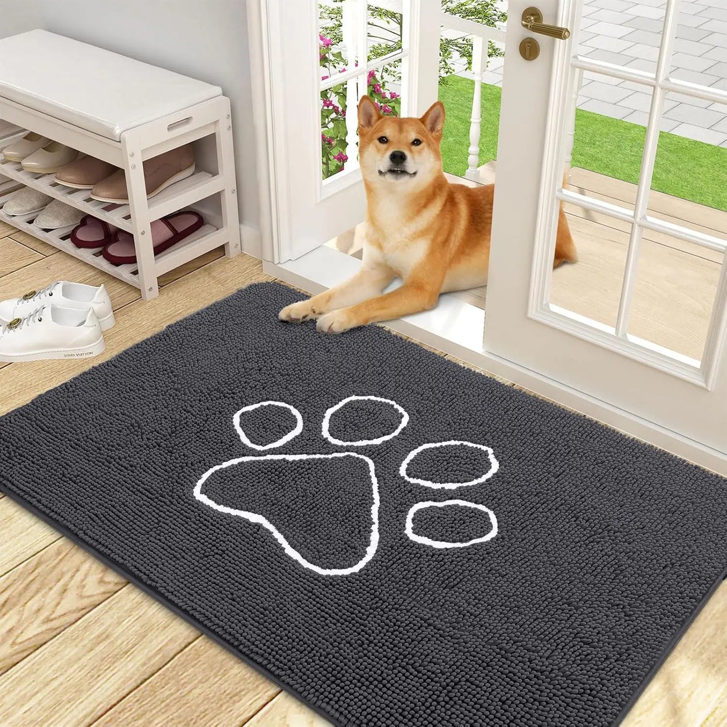 OLANLY Ultra Absorbent Chenille Door Mat for Pets - 24x16 Inches Non-Slip Washable Entryway Mat with Charming Paw Print Design and Quick-Dry Features in Beige OLANLY
