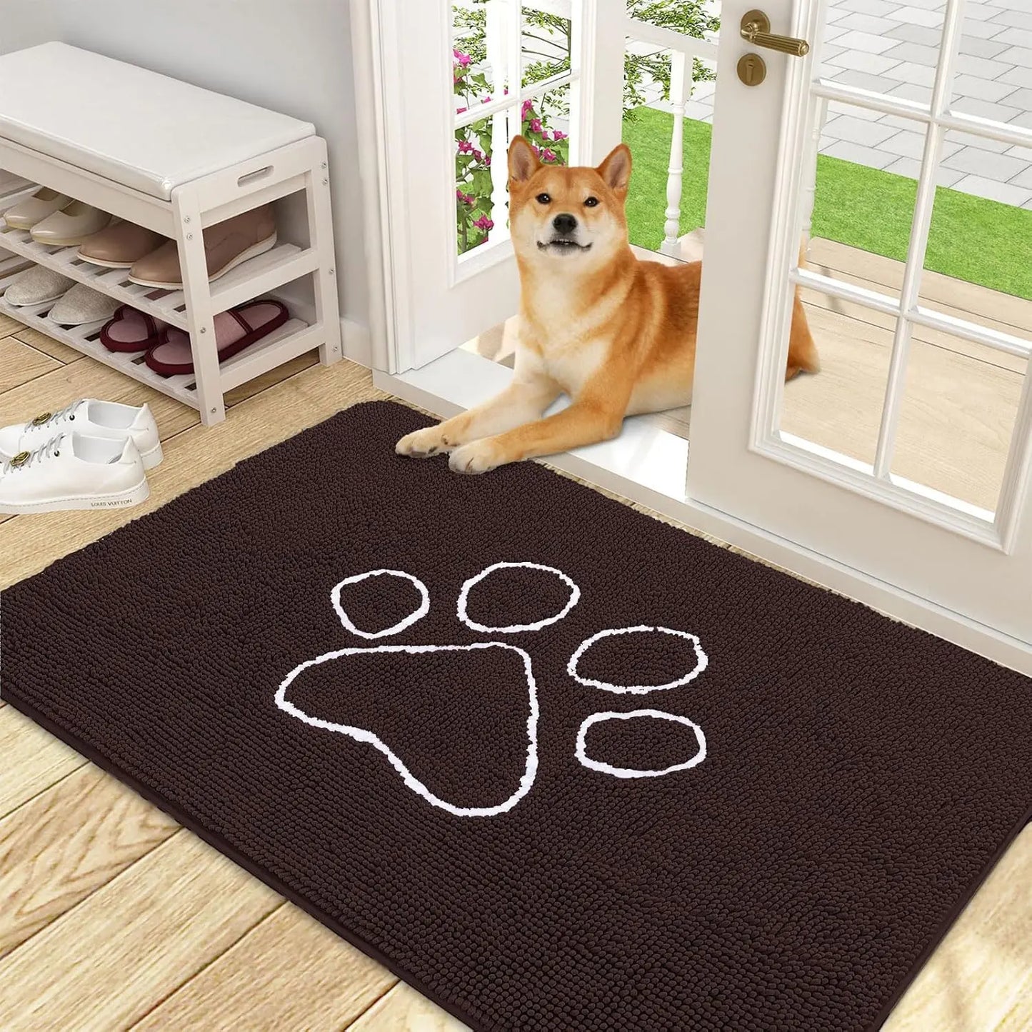 OLANLY Ultra Absorbent Chenille Door Mat for Pets - 24x16 Inches Non-Slip Washable Entryway Mat with Charming Paw Print Design and Quick-Dry Features in Beige OLANLY
