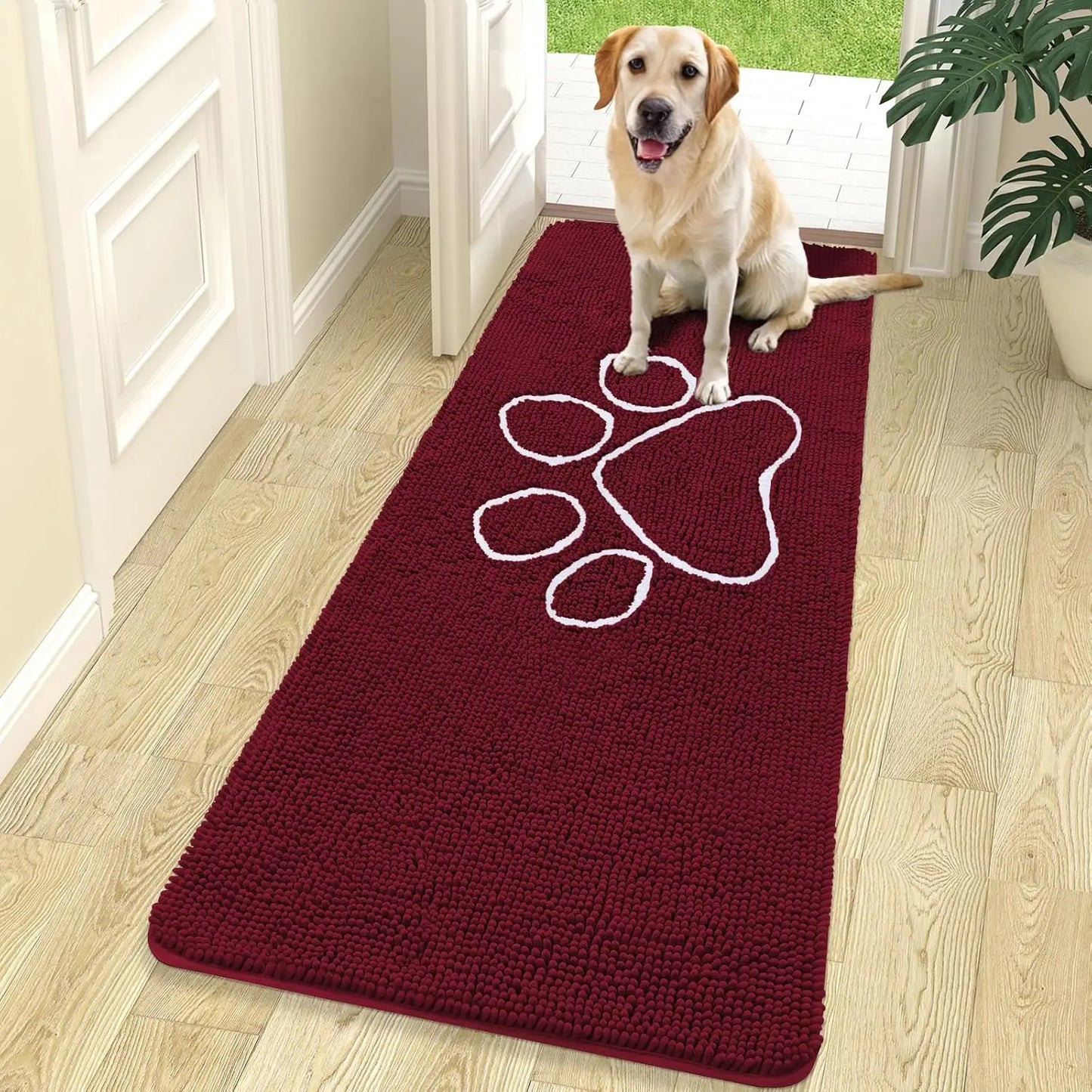 OLANLY Ultra Absorbent Chenille Door Mat for Pets - 24x16 Inches Non-Slip Washable Entryway Mat with Charming Paw Print Design and Quick-Dry Features in Beige OLANLY