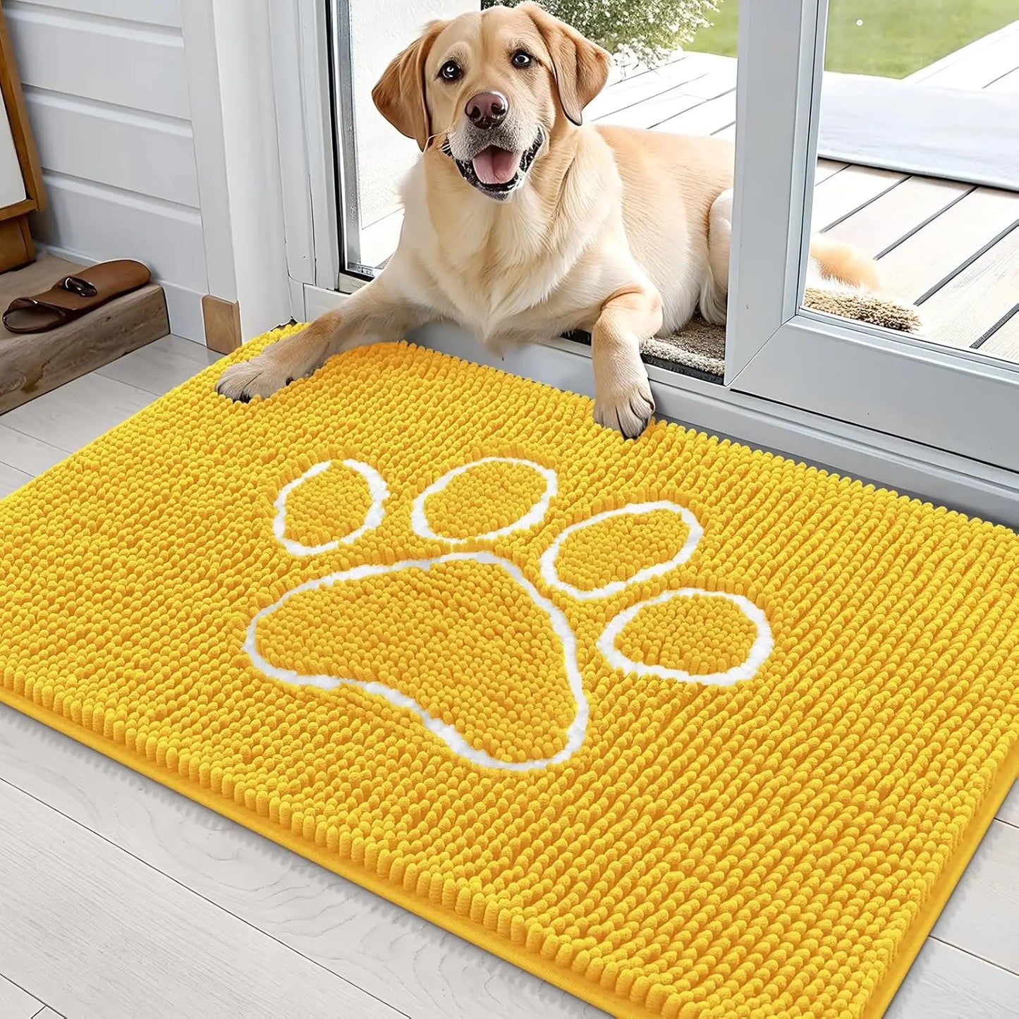 OLANLY Ultra Absorbent Chenille Door Mat for Pets - 24x16 Inches Non-Slip Washable Entryway Mat with Charming Paw Print Design and Quick-Dry Features in Beige OLANLY