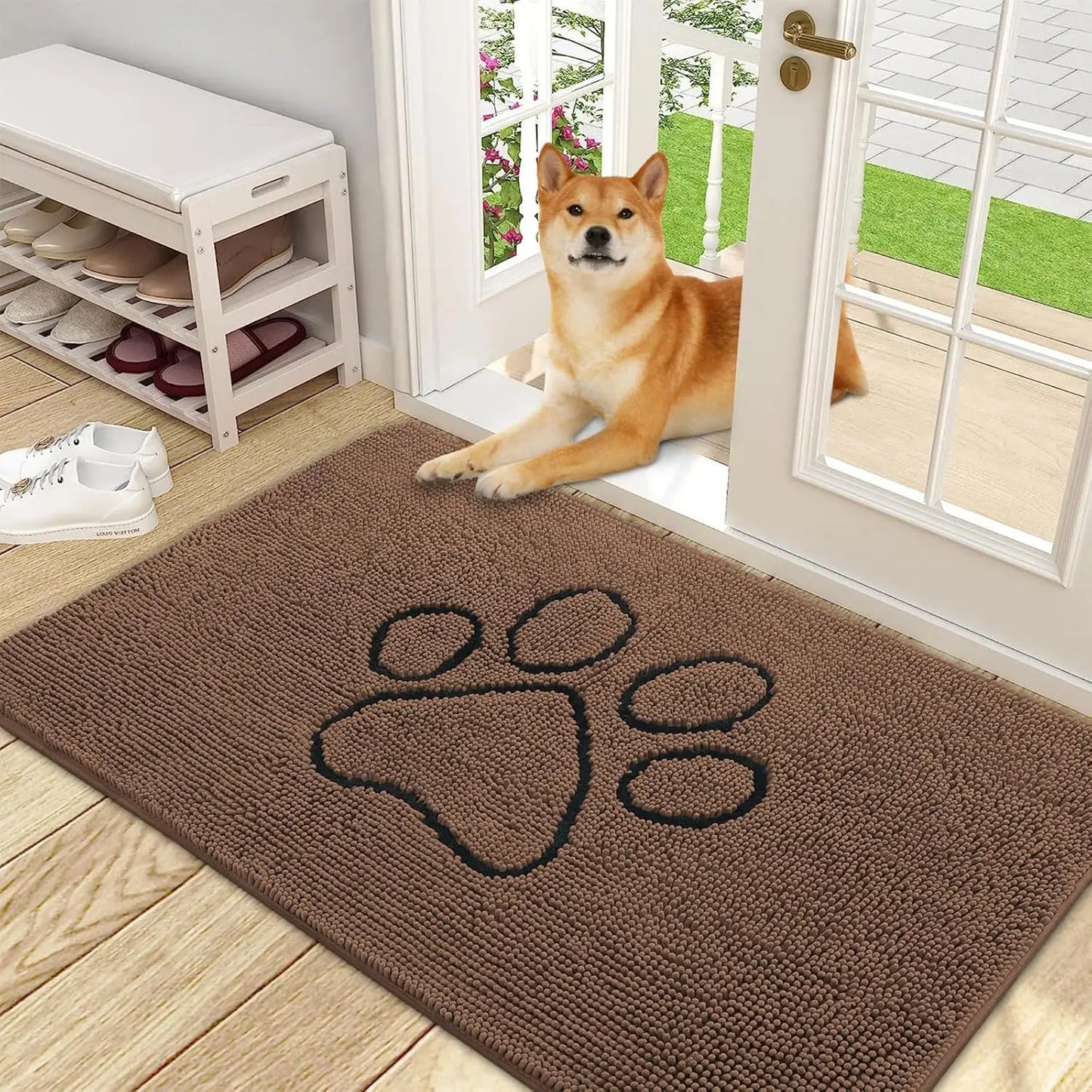 OLANLY Ultra Absorbent Chenille Door Mat for Pets - 24x16 Inches Non-Slip Washable Entryway Mat with Charming Paw Print Design and Quick-Dry Features in Beige OLANLY
