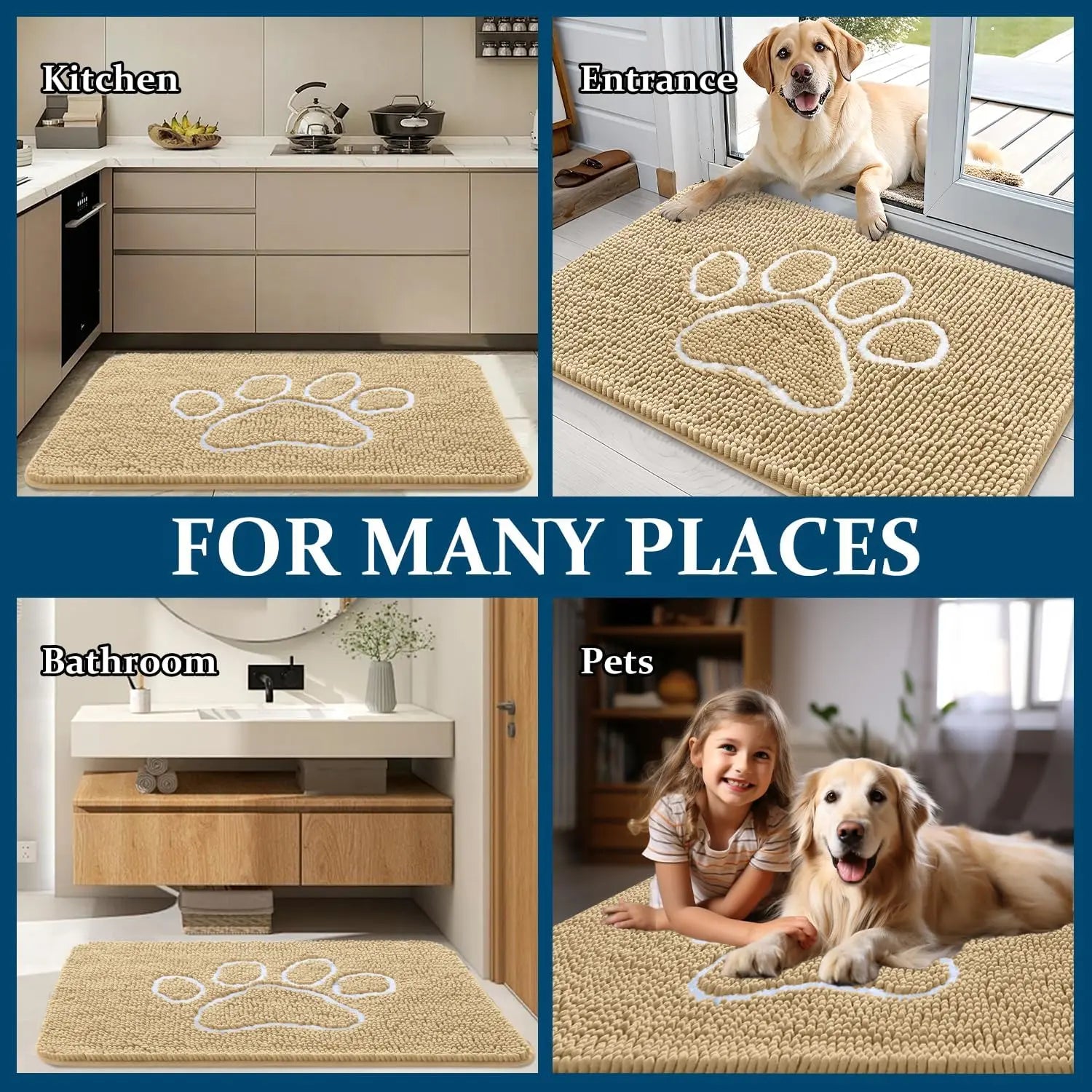 OLANLY Ultra Absorbent Chenille Door Mat for Pets - 24x16 Inches Non-Slip Washable Entryway Mat with Charming Paw Print Design and Quick-Dry Features in Beige OLANLY