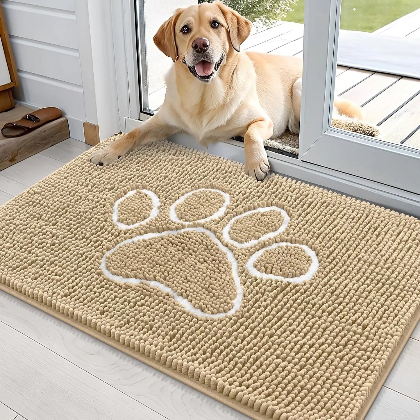 OLANLY Ultra Absorbent Chenille Door Mat for Pets - 24x16 Inches Non-Slip Washable Entryway Mat with Charming Paw Print Design and Quick-Dry Features in Beige OLANLY