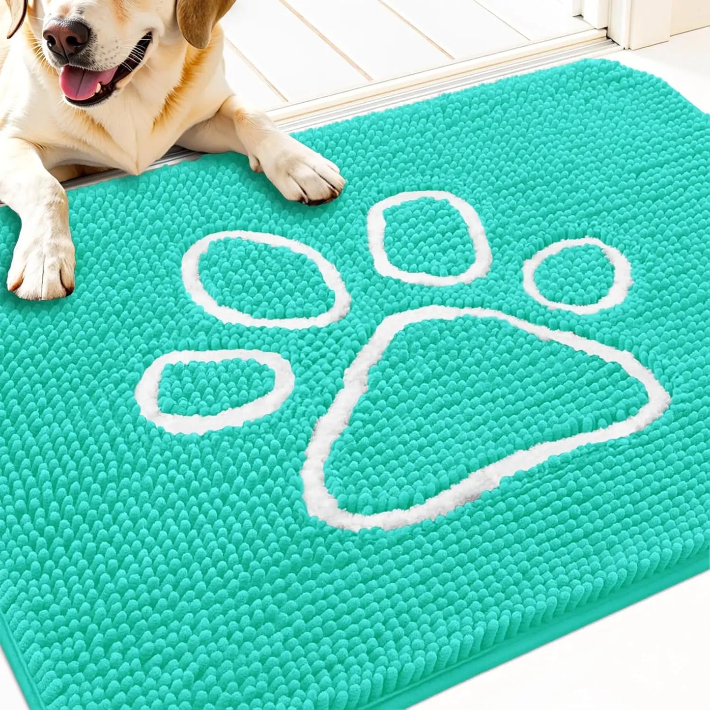 OLANLY Ultra Absorbent Chenille Door Mat for Pets - 24x16 Inches Non-Slip Washable Entryway Mat with Charming Paw Print Design and Quick-Dry Features in Beige OLANLY