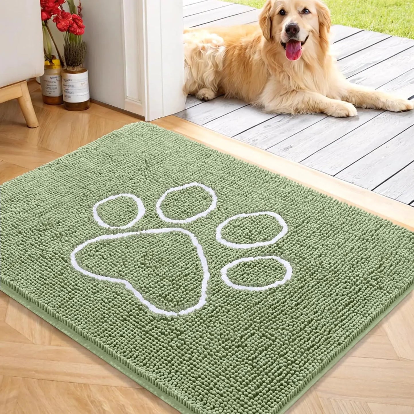 OLANLY Ultra Absorbent Chenille Door Mat for Pets - 24x16 Inches Non-Slip Washable Entryway Mat with Charming Paw Print Design and Quick-Dry Features in Beige OLANLY