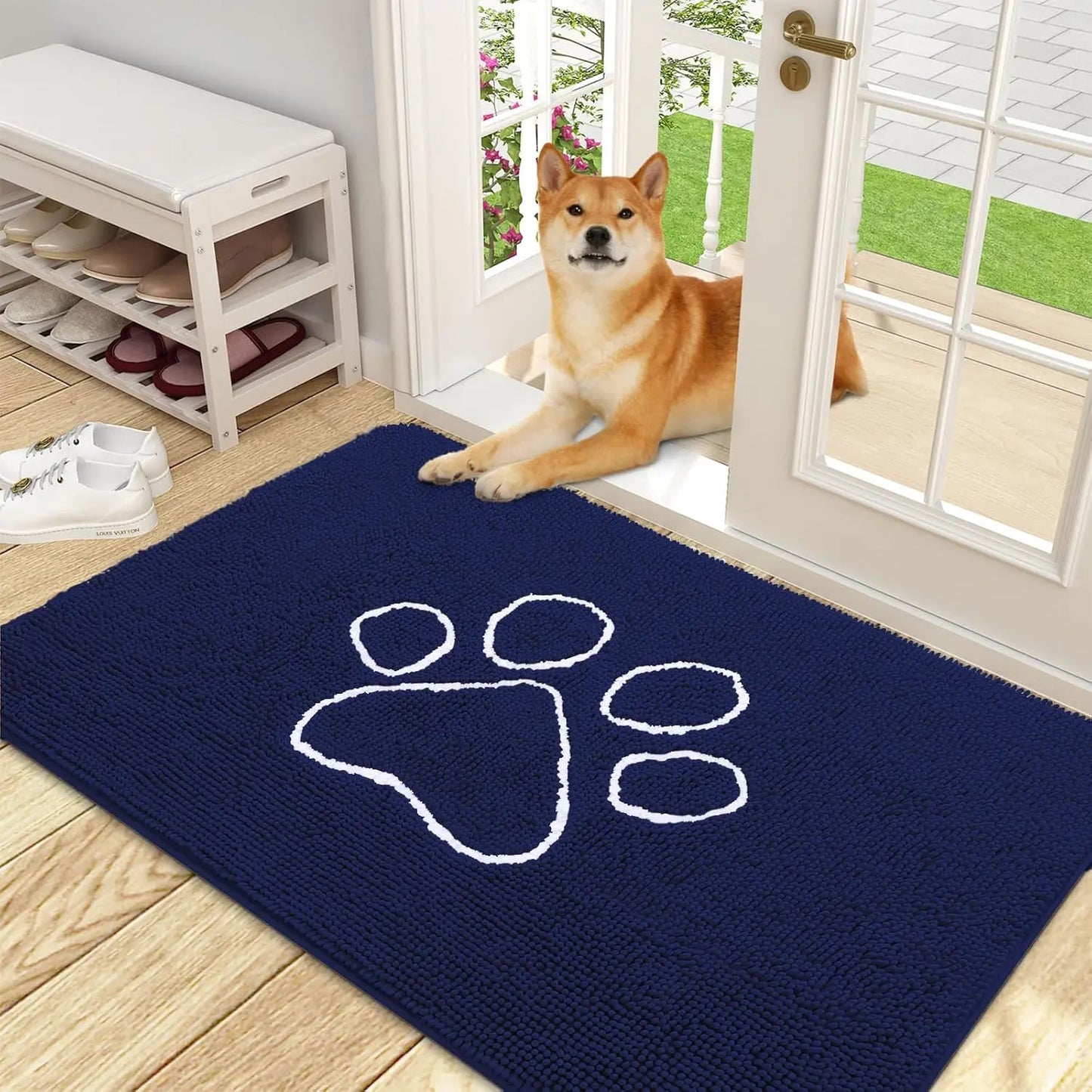 OLANLY Ultra Absorbent Chenille Door Mat for Pets - 24x16 Inches Non-Slip Washable Entryway Mat with Charming Paw Print Design and Quick-Dry Features in Beige OLANLY