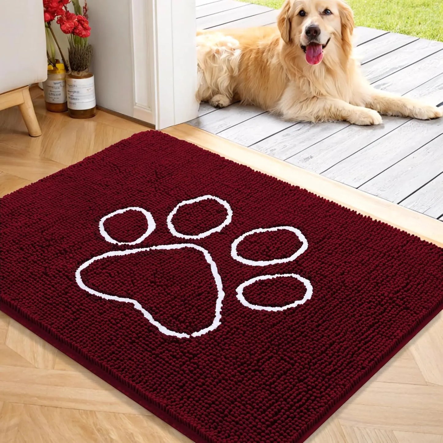 OLANLY Ultra Absorbent Chenille Door Mat for Pets - 24x16 Inches Non-Slip Washable Entryway Mat with Charming Paw Print Design and Quick-Dry Features in Beige OLANLY