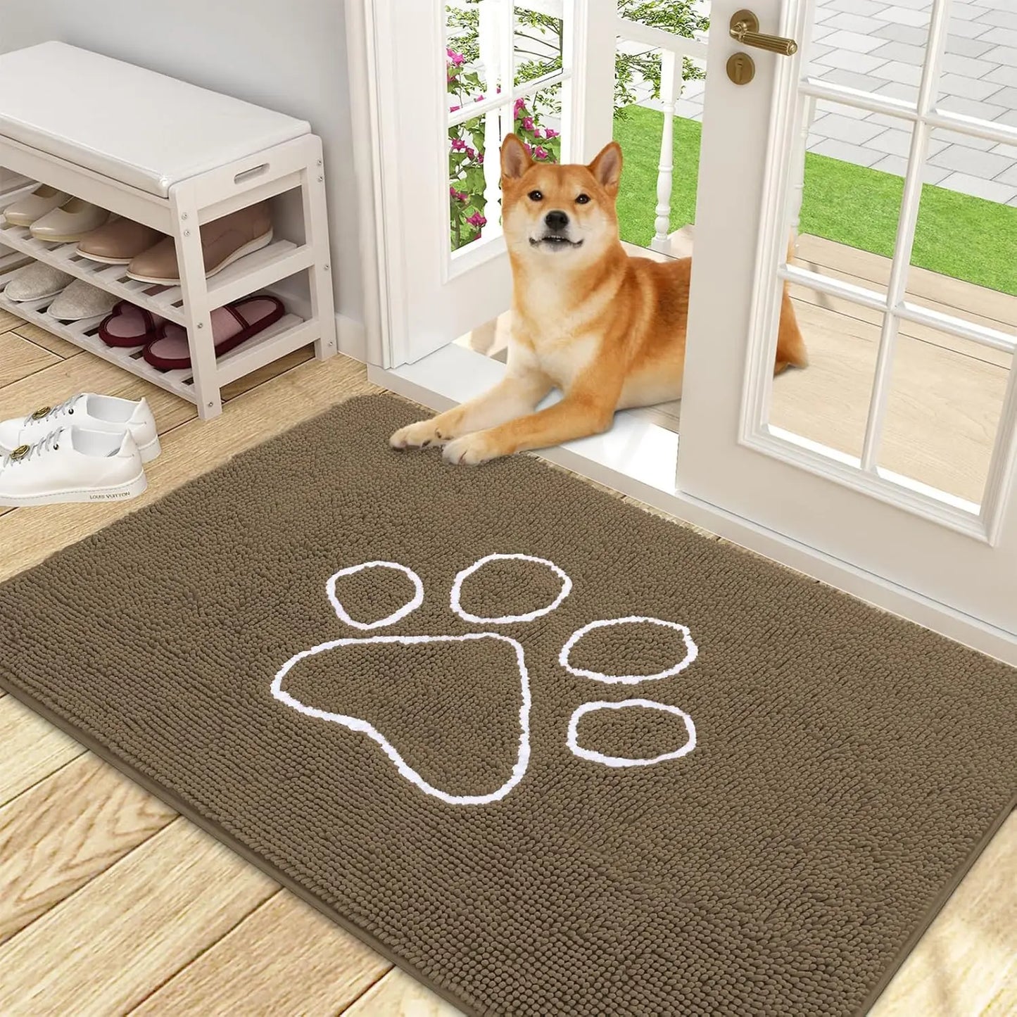 OLANLY Ultra Absorbent Chenille Door Mat for Pets - 24x16 Inches Non-Slip Washable Entryway Mat with Charming Paw Print Design and Quick-Dry Features in Beige OLANLY