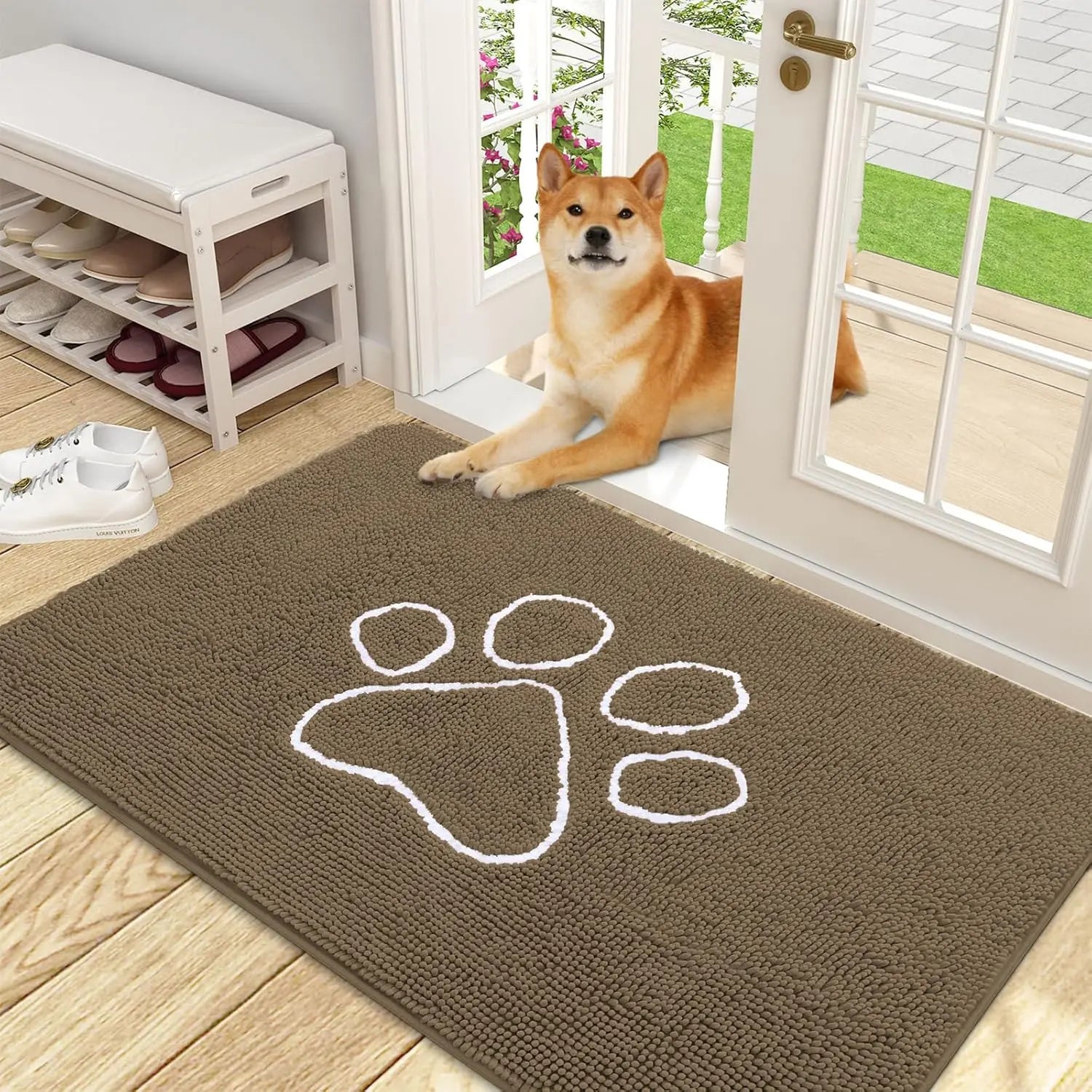OLANLY OLANLY Ultra Absorbent Chenille Door Mat For Pets 24x16 Inches Non Slip Washable Entryway Mat Beige Paw Print Design - Animals & Pet Supplies > Pet Supplies
