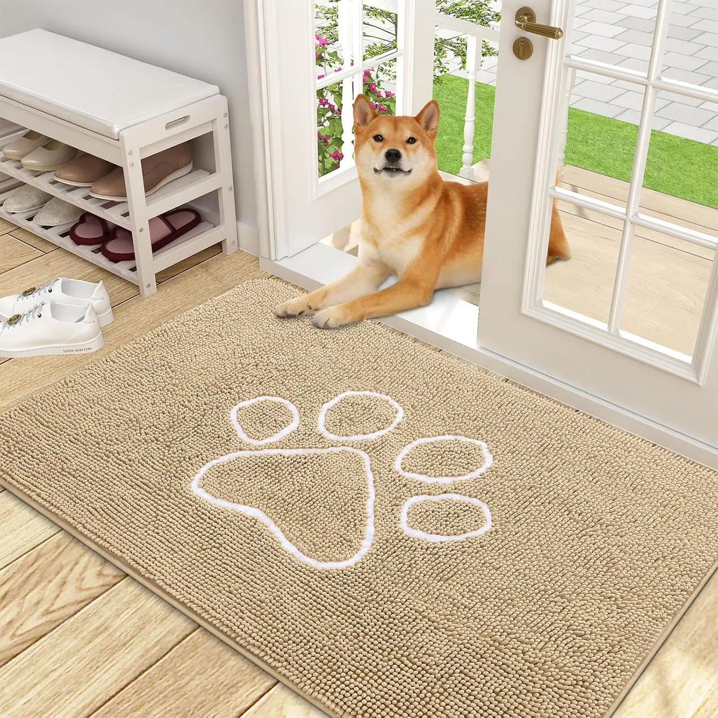 OLANLY Ultra Absorbent Chenille Door Mat for Pets - 24x16 Inches Non-Slip Washable Entryway Mat with Charming Paw Print Design and Quick-Dry Features in Beige OLANLY