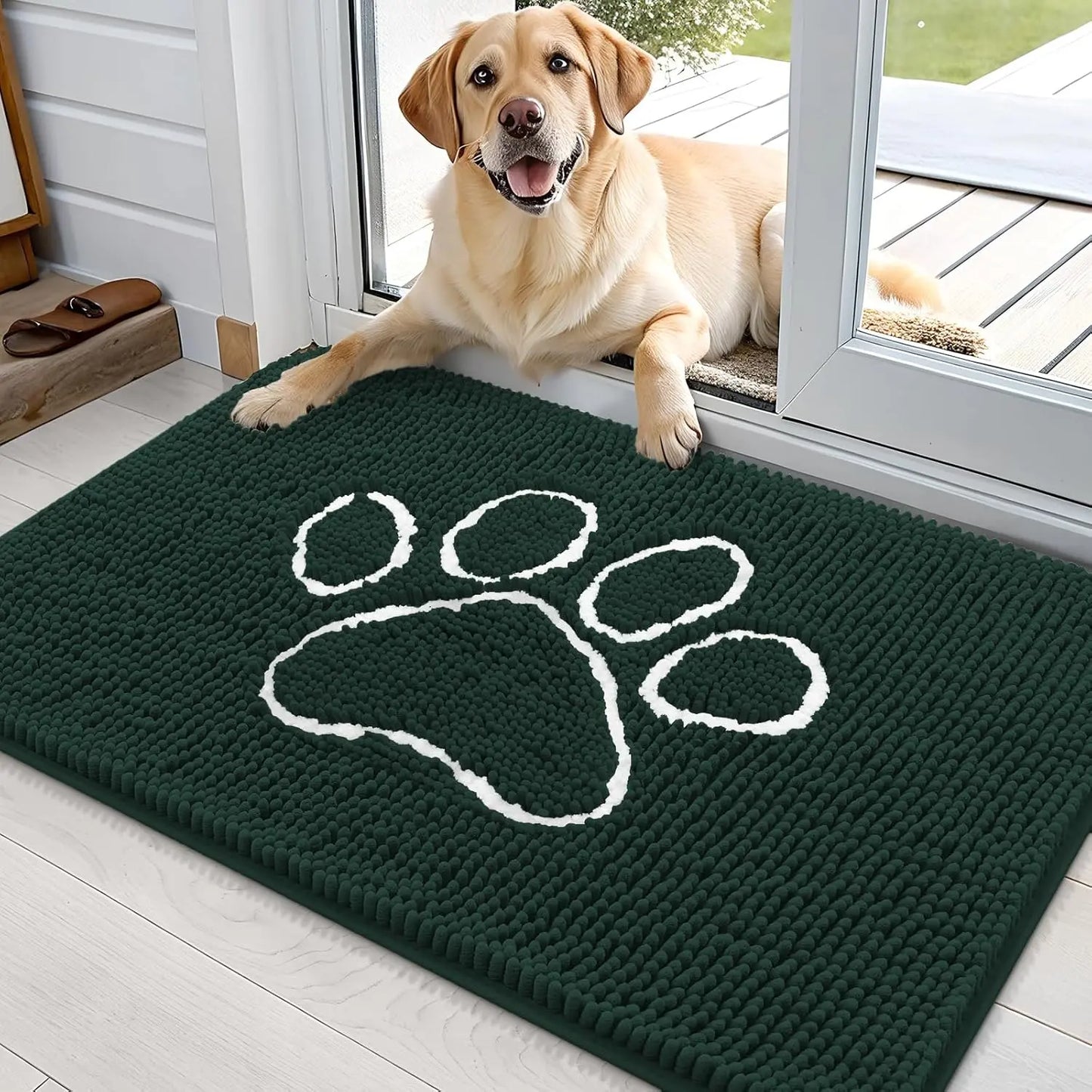 OLANLY Ultra Absorbent Chenille Door Mat for Pets - 24x16 Inches Non-Slip Washable Entryway Mat with Charming Paw Print Design and Quick-Dry Features in Beige OLANLY