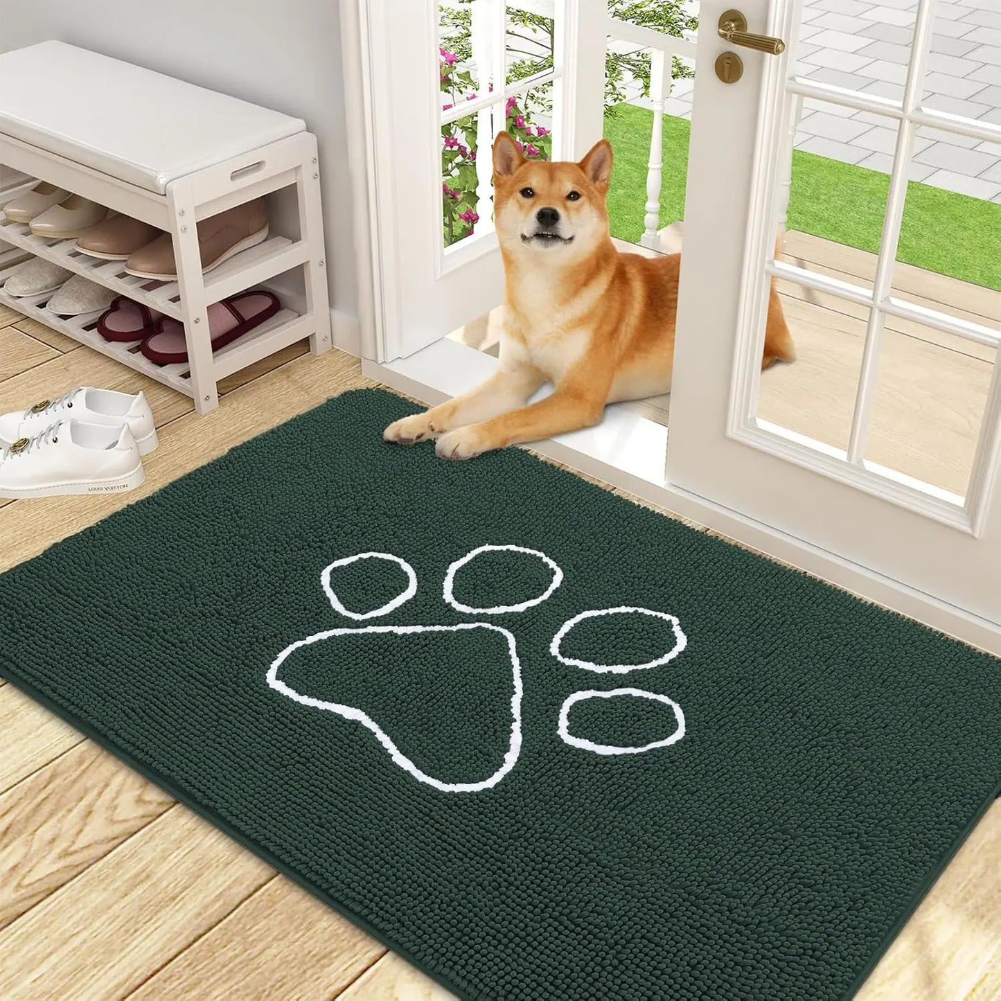 OLANLY Ultra Absorbent Chenille Door Mat for Pets - 24x16 Inches Non-Slip Washable Entryway Mat with Charming Paw Print Design and Quick-Dry Features in Beige OLANLY