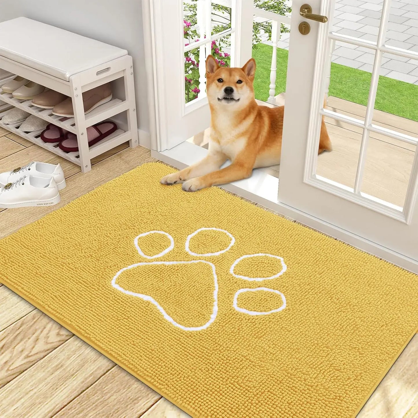 OLANLY Ultra Absorbent Chenille Door Mat for Pets - 24x16 Inches Non-Slip Washable Entryway Mat with Charming Paw Print Design and Quick-Dry Features in Beige OLANLY