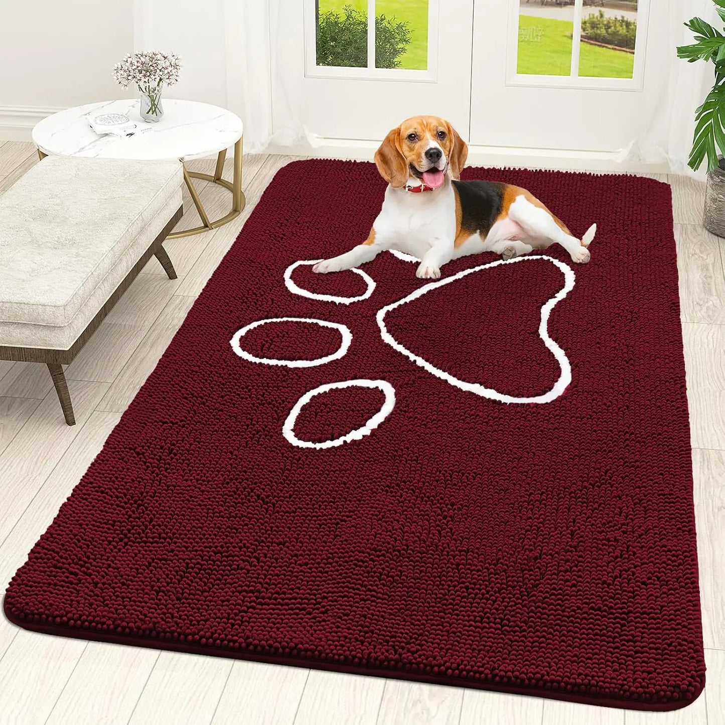 OLANLY Ultra Absorbent Chenille Door Mat for Pets - 24x16 Inches Non-Slip Washable Entryway Mat with Charming Paw Print Design and Quick-Dry Features in Beige OLANLY