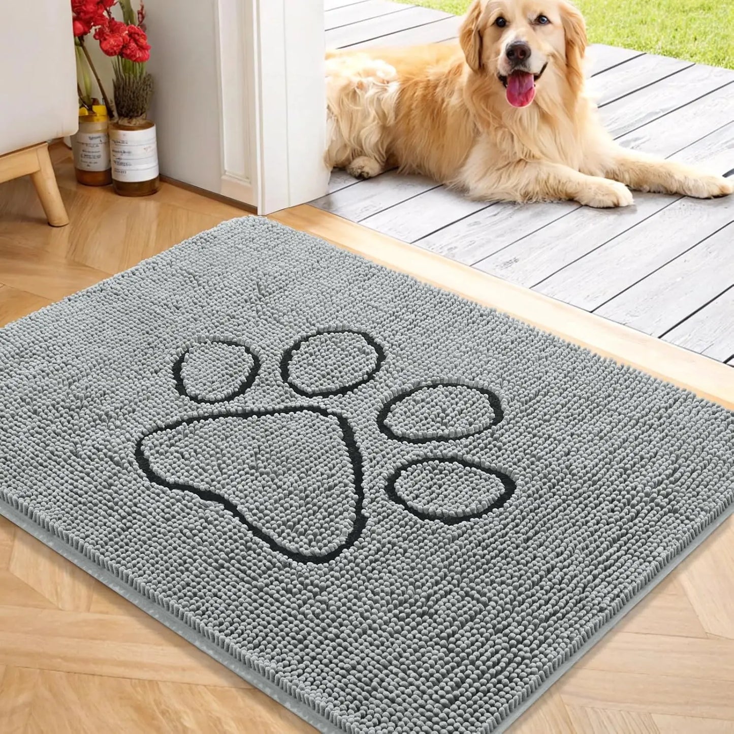 OLANLY Ultra Absorbent Chenille Door Mat for Pets - 24x16 Inches Non-Slip Washable Entryway Mat with Charming Paw Print Design and Quick-Dry Features in Beige OLANLY