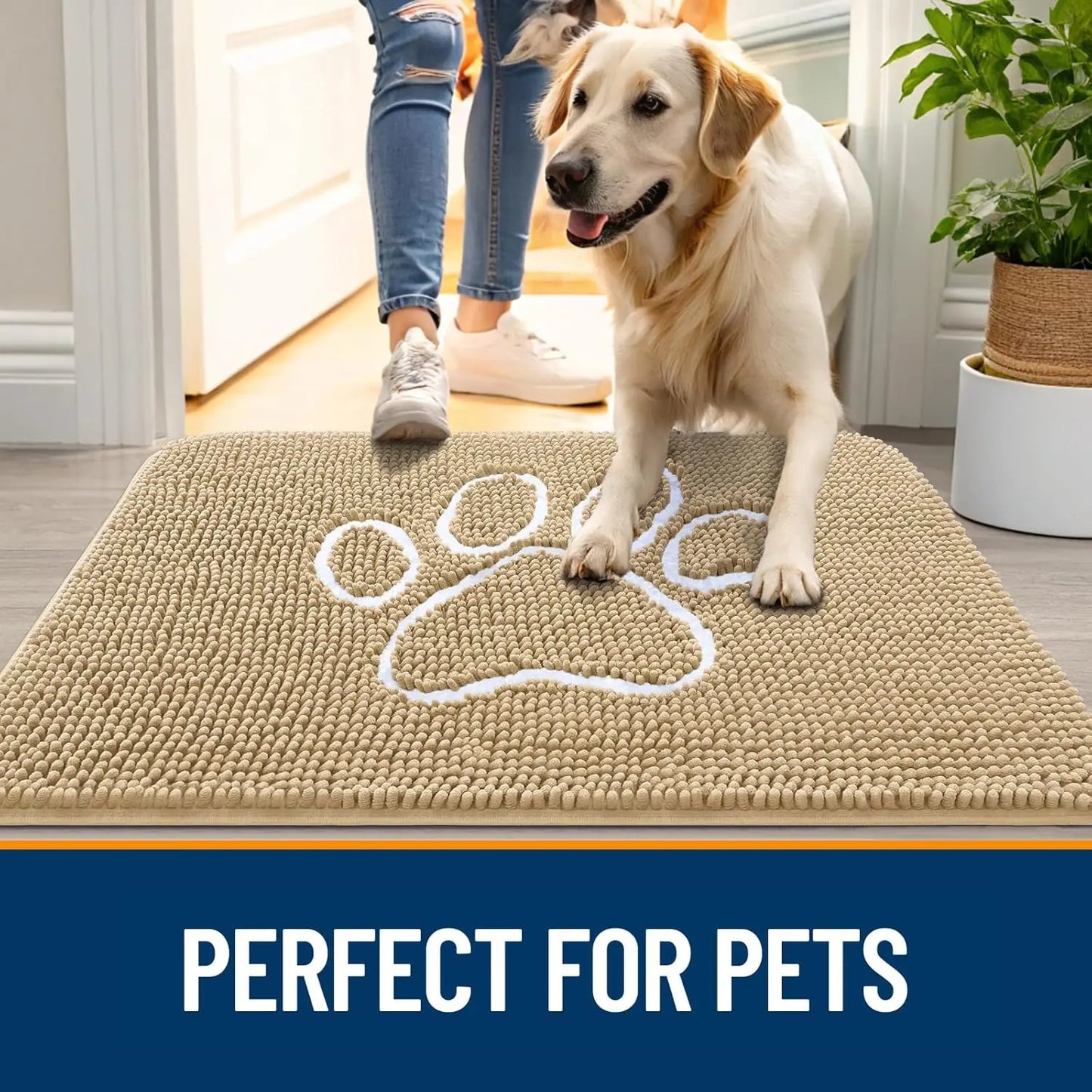 OLANLY Ultra Absorbent Chenille Door Mat for Pets - 24x16 Inches Non-Slip Washable Entryway Mat with Charming Paw Print Design and Quick-Dry Features in Beige OLANLY