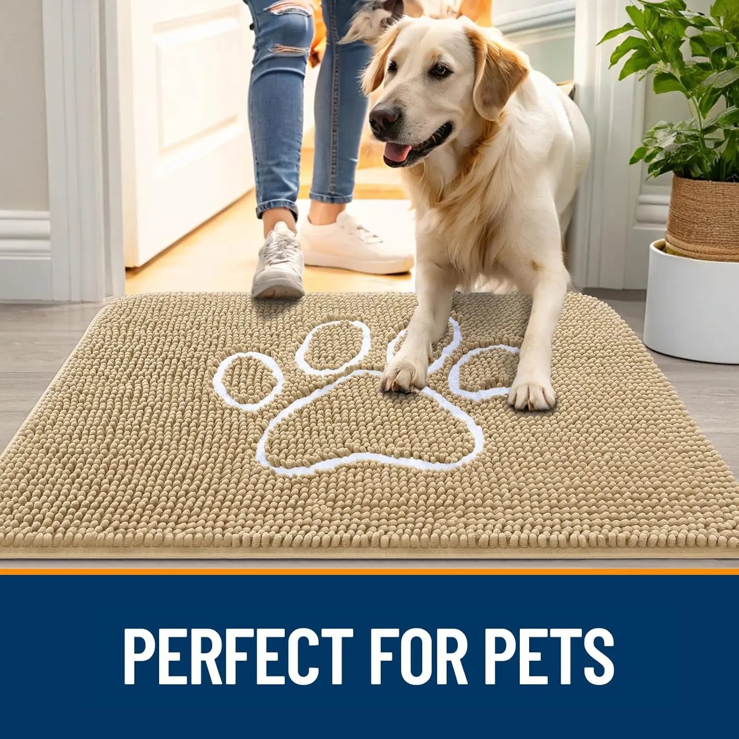 OLANLY Ultra Absorbent Chenille Door Mat for Pets - 24x16 Inches Non-Slip Washable Entryway Mat with Charming Paw Print Design and Quick-Dry Features in Beige OLANLY