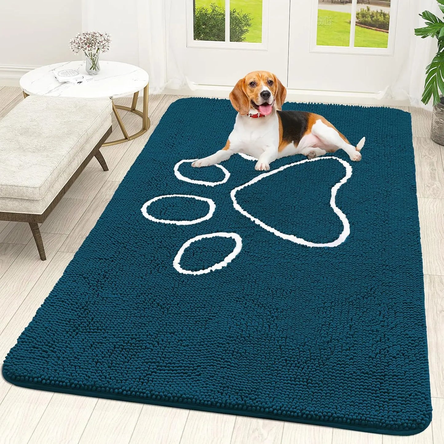 OLANLY Ultra Absorbent Chenille Door Mat for Pets - 24x16 Inches Non-Slip Washable Entryway Mat with Charming Paw Print Design and Quick-Dry Features in Beige OLANLY