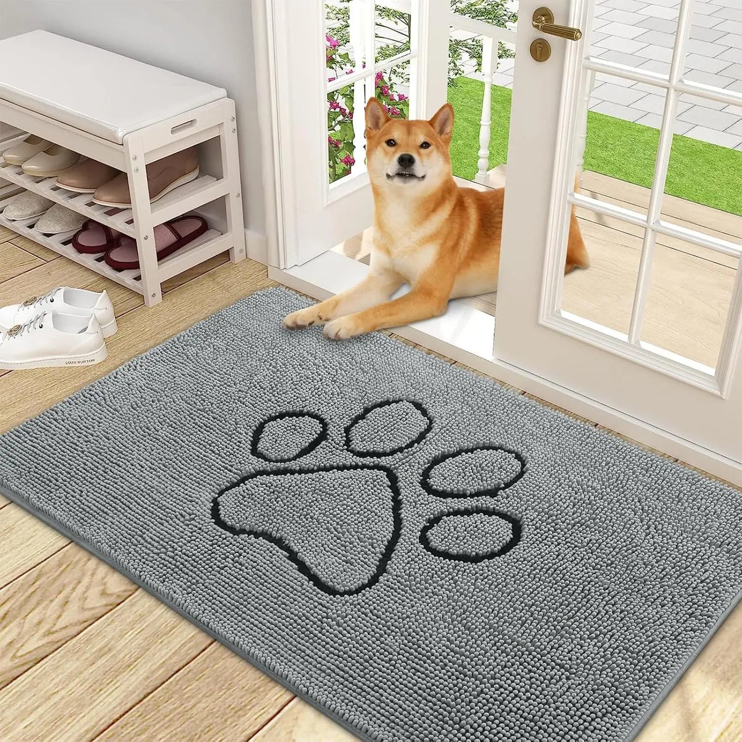 OLANLY Ultra Absorbent Chenille Door Mat for Pets - 24x16 Inches Non-Slip Washable Entryway Mat with Charming Paw Print Design and Quick-Dry Features in Beige OLANLY