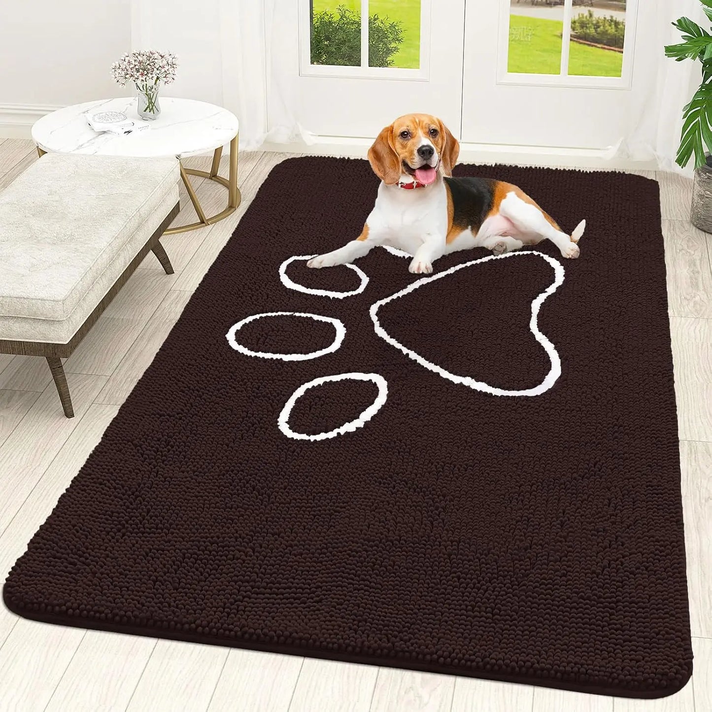 OLANLY Ultra Absorbent Chenille Door Mat for Pets - 24x16 Inches Non-Slip Washable Entryway Mat with Charming Paw Print Design and Quick-Dry Features in Beige OLANLY