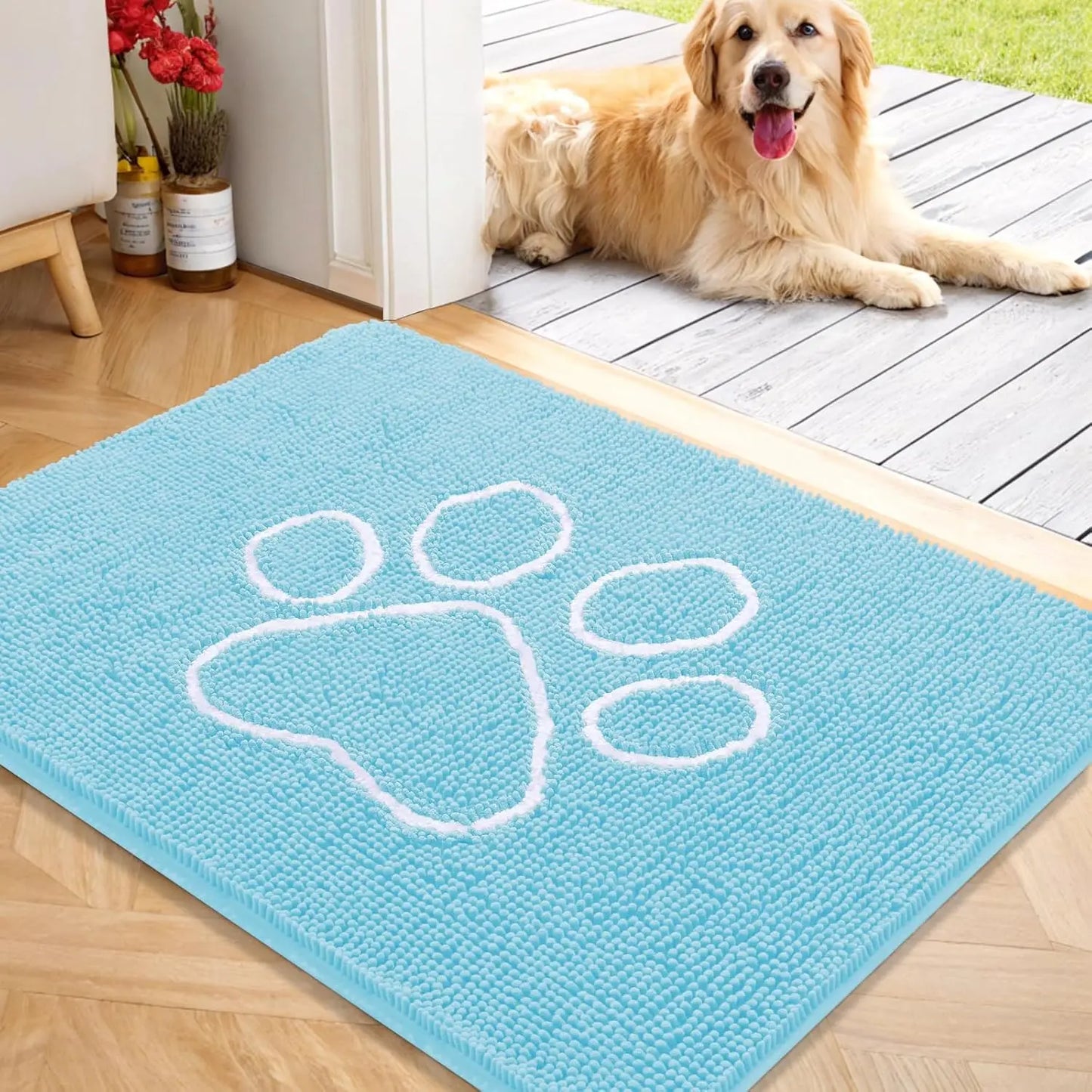 OLANLY Ultra Absorbent Chenille Door Mat for Pets - 24x16 Inches Non-Slip Washable Entryway Mat with Charming Paw Print Design and Quick-Dry Features in Beige OLANLY