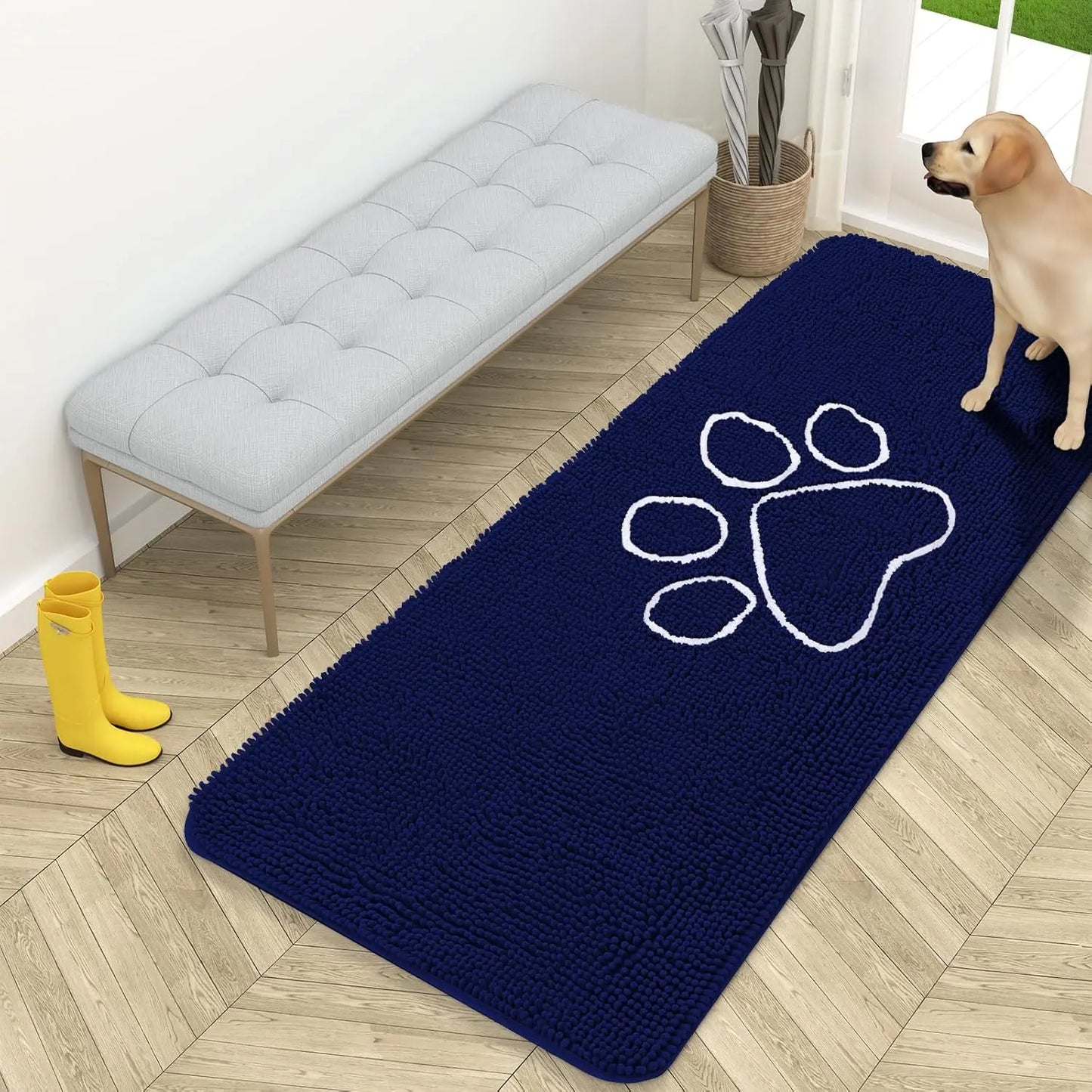 OLANLY Ultra Absorbent Chenille Door Mat for Pets - 24x16 Inches Non-Slip Washable Entryway Mat with Charming Paw Print Design and Quick-Dry Features in Beige OLANLY