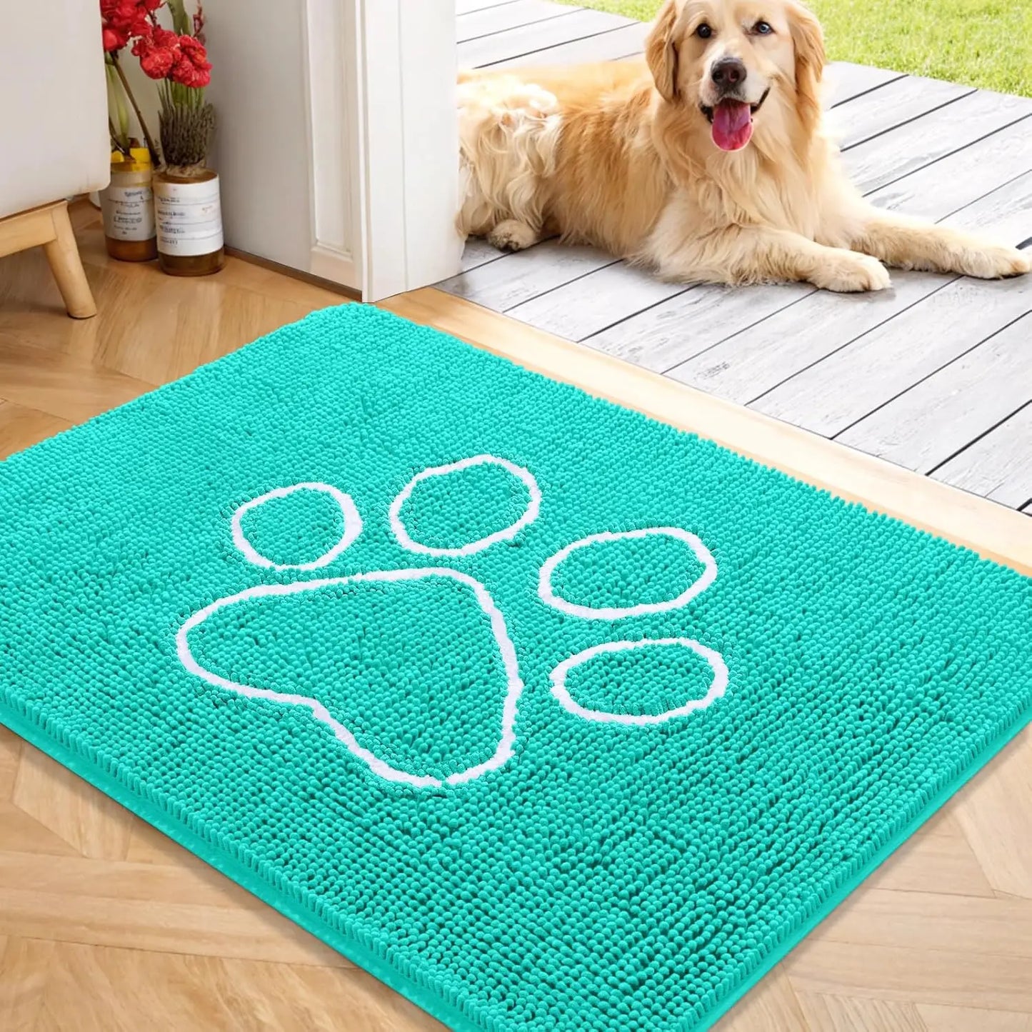OLANLY Ultra Absorbent Chenille Door Mat for Pets - 24x16 Inches Non-Slip Washable Entryway Mat with Charming Paw Print Design and Quick-Dry Features in Beige OLANLY