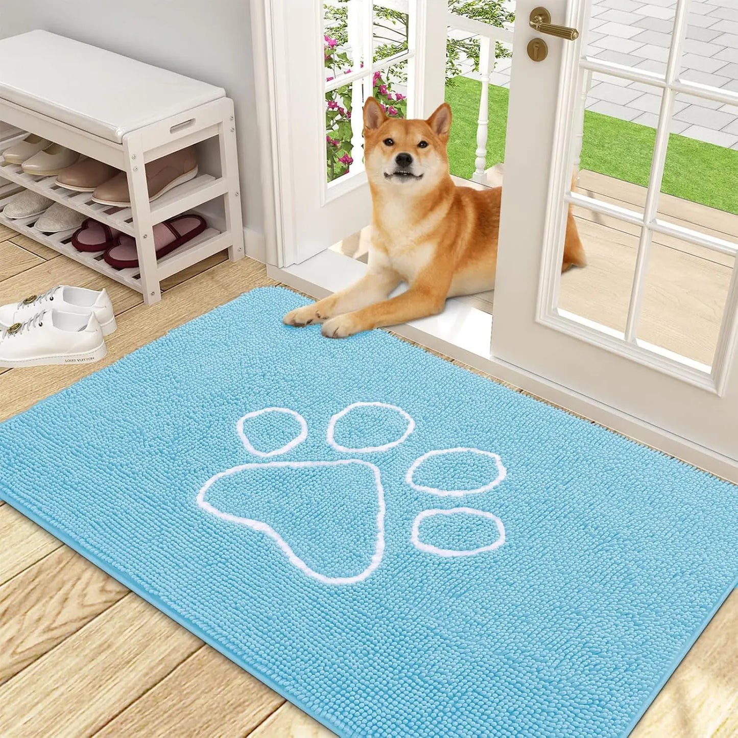 OLANLY Ultra Absorbent Chenille Door Mat for Pets - 24x16 Inches Non-Slip Washable Entryway Mat with Charming Paw Print Design and Quick-Dry Features in Beige OLANLY