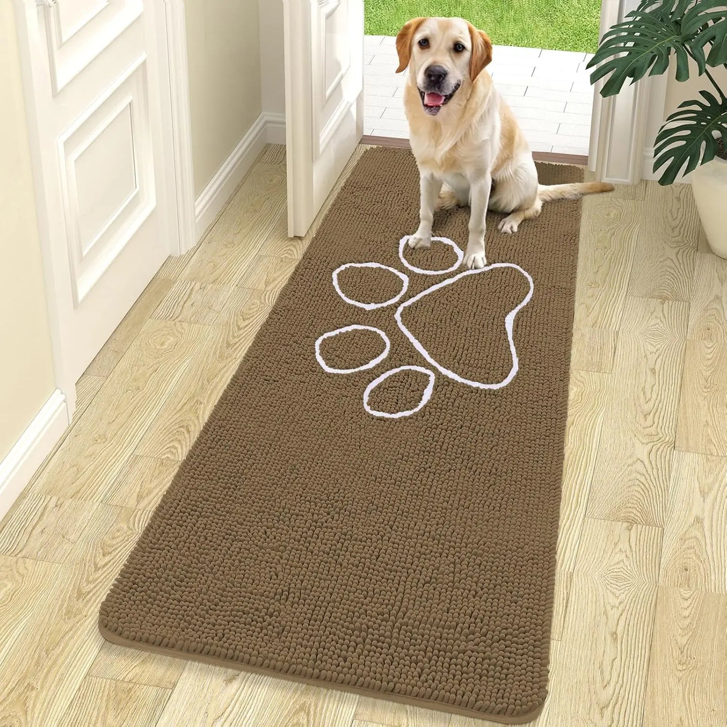 OLANLY Ultra Absorbent Chenille Door Mat for Pets - 24x16 Inches Non-Slip Washable Entryway Mat with Charming Paw Print Design and Quick-Dry Features in Beige OLANLY