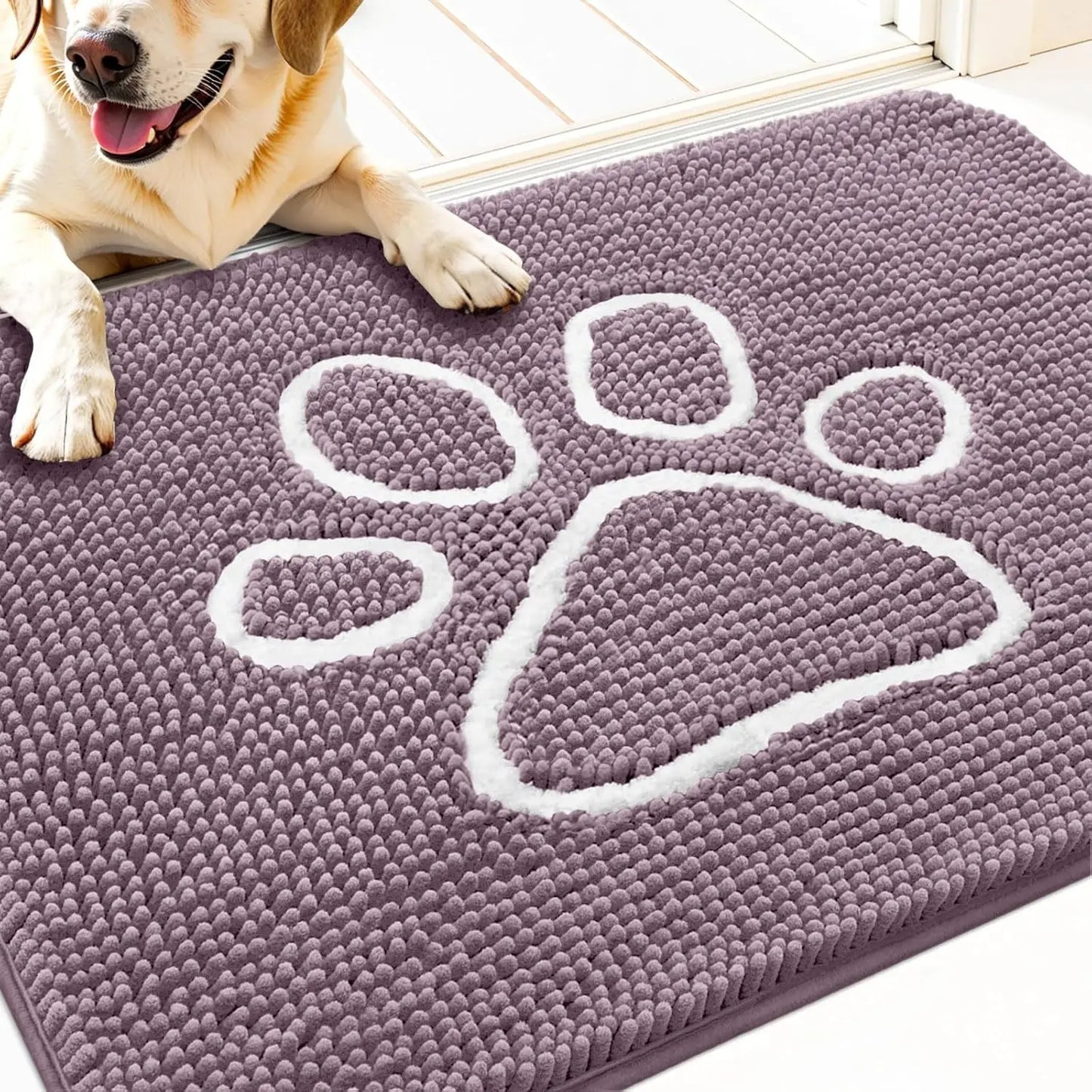 OLANLY Ultra Absorbent Chenille Door Mat for Pets - 24x16 Inches Non-Slip Washable Entryway Mat with Charming Paw Print Design and Quick-Dry Features in Beige OLANLY