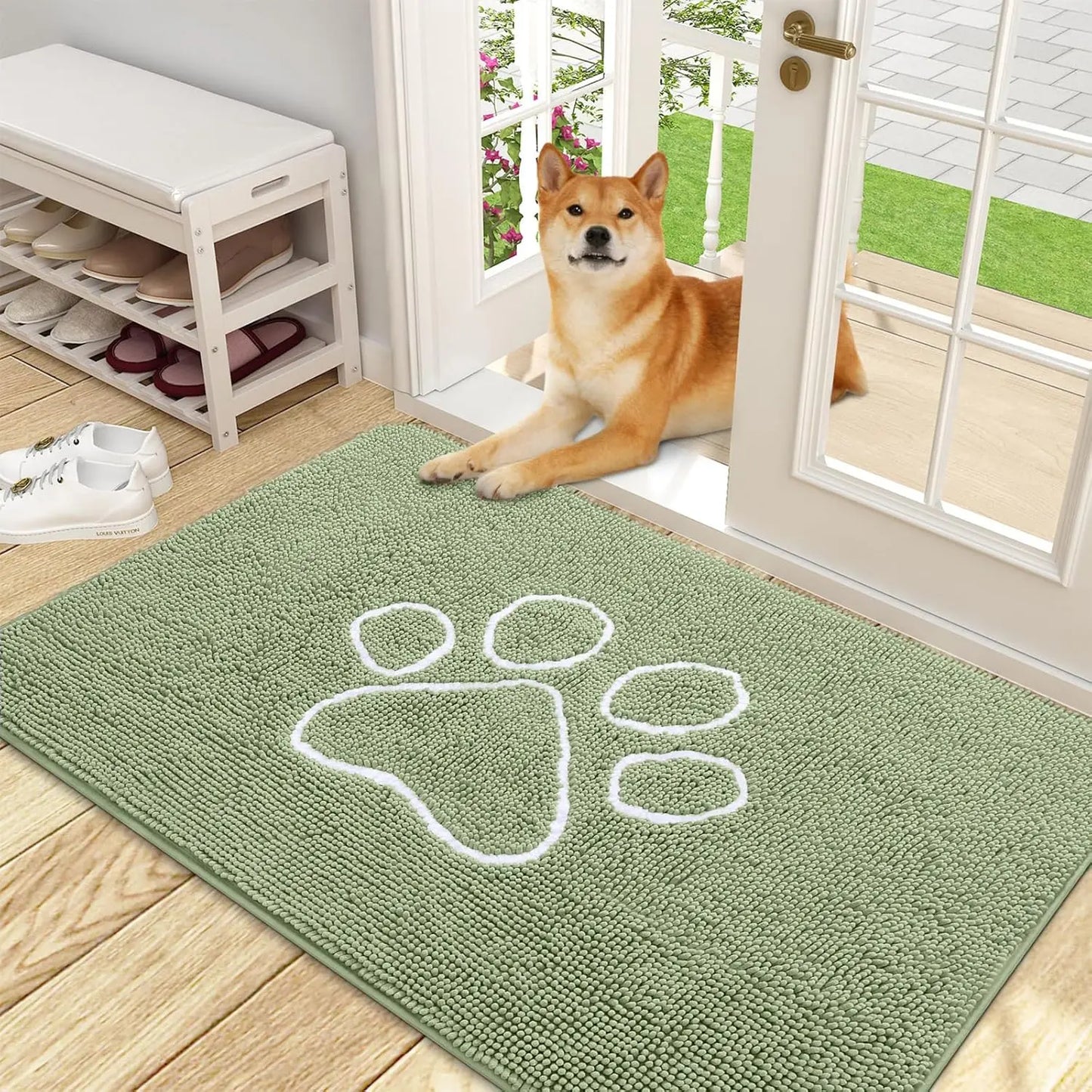 OLANLY Ultra Absorbent Chenille Door Mat for Pets - 24x16 Inches Non-Slip Washable Entryway Mat with Charming Paw Print Design and Quick-Dry Features in Beige OLANLY