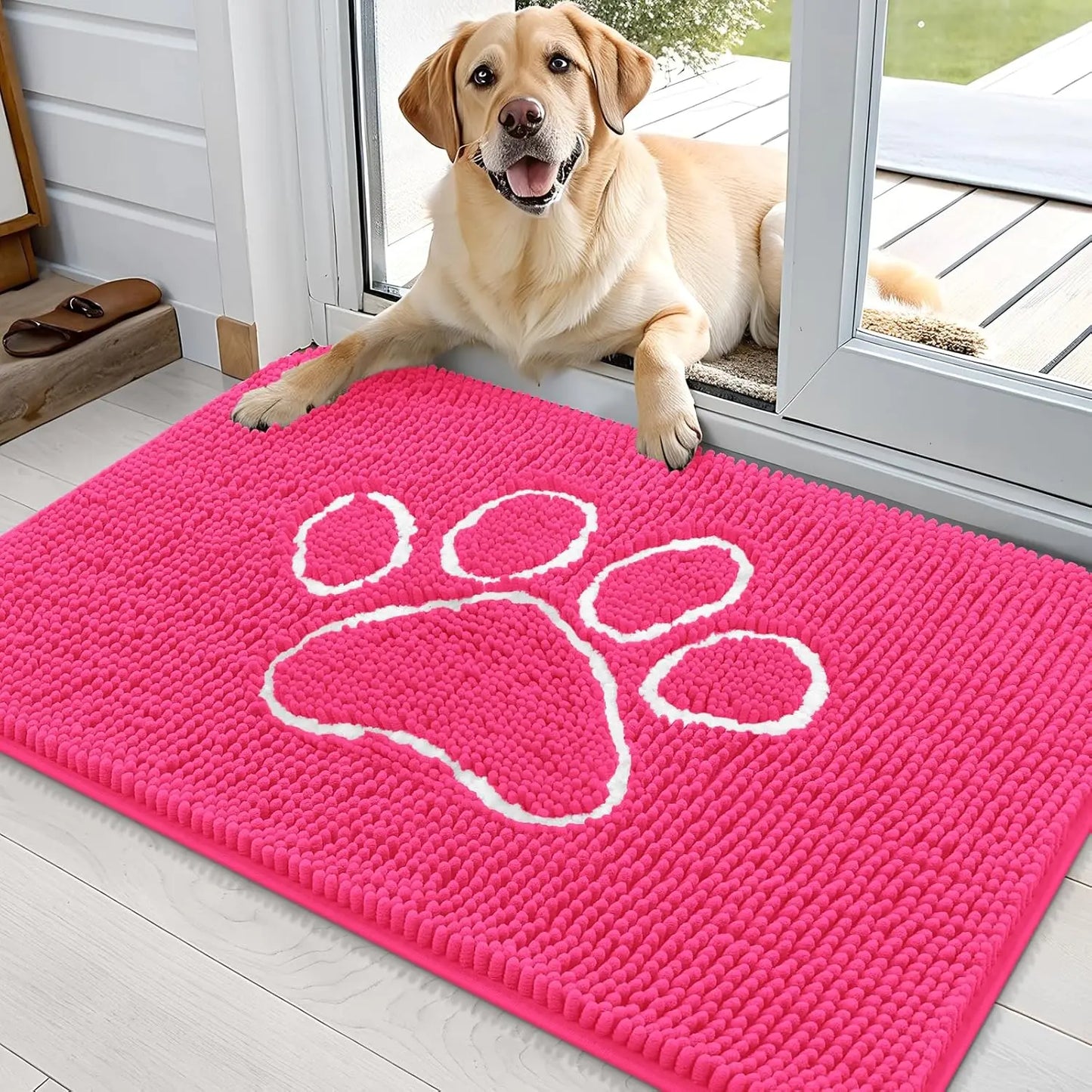 OLANLY Ultra Absorbent Chenille Door Mat for Pets - 24x16 Inches Non-Slip Washable Entryway Mat with Charming Paw Print Design and Quick-Dry Features in Beige OLANLY
