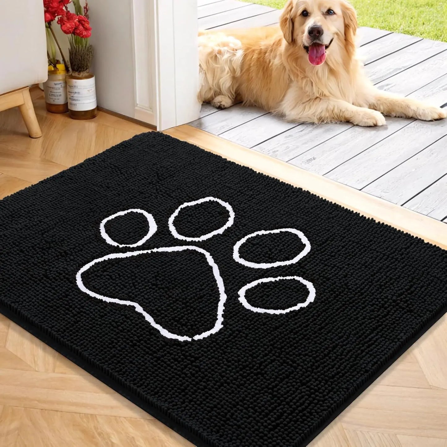 OLANLY Ultra Absorbent Chenille Door Mat for Pets - 24x16 Inches Non-Slip Washable Entryway Mat with Charming Paw Print Design and Quick-Dry Features in Beige OLANLY