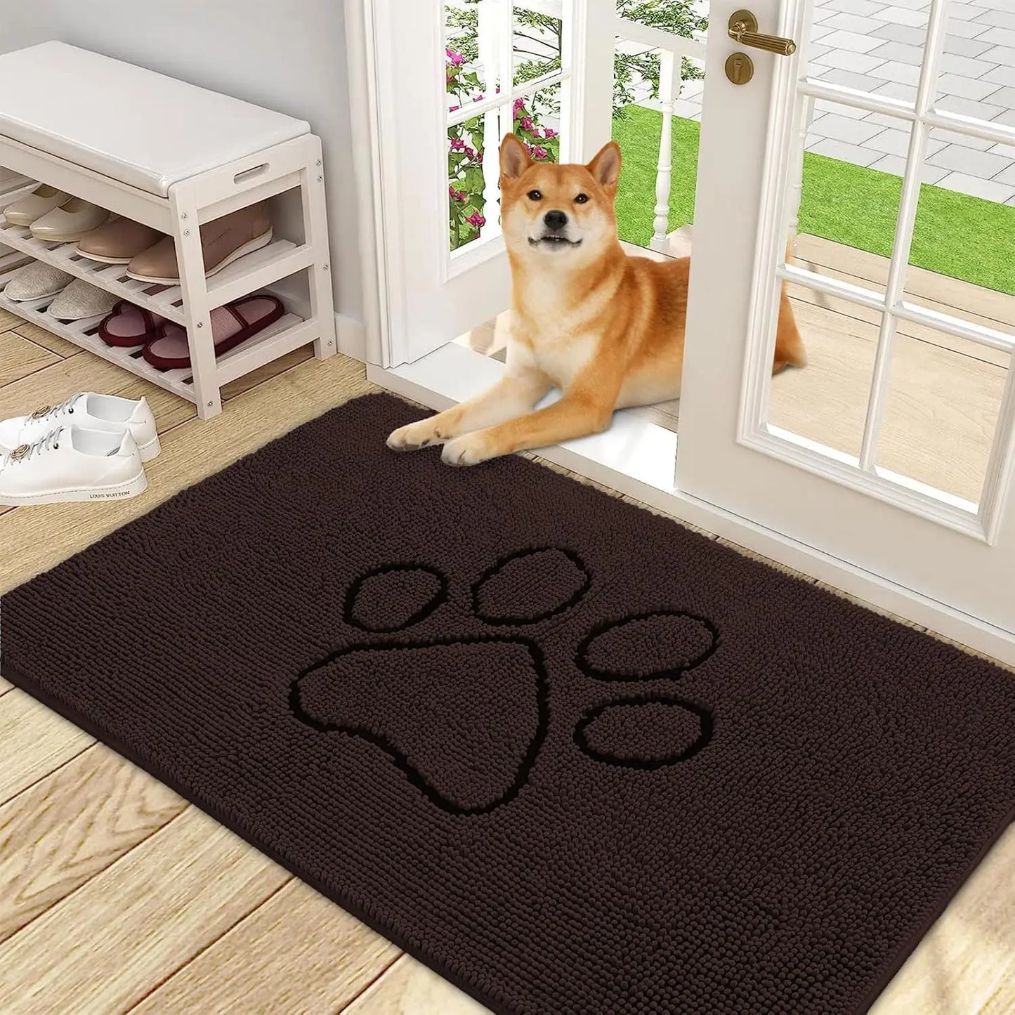 OLANLY Ultra Absorbent Chenille Door Mat for Pets - 24x16 Inches Non-Slip Washable Entryway Mat with Charming Paw Print Design and Quick-Dry Features in Beige OLANLY