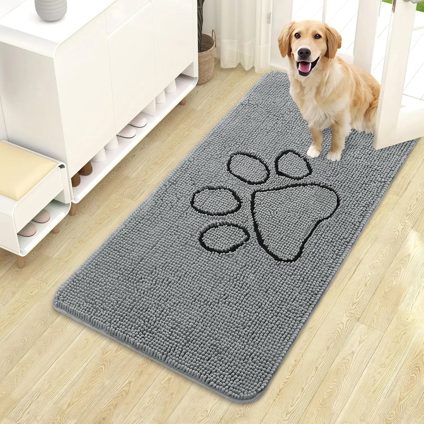 OLANLY Ultra Absorbent Chenille Door Mat for Pets - 24x16 Inches Non-Slip Washable Entryway Mat with Charming Paw Print Design and Quick-Dry Features in Beige OLANLY