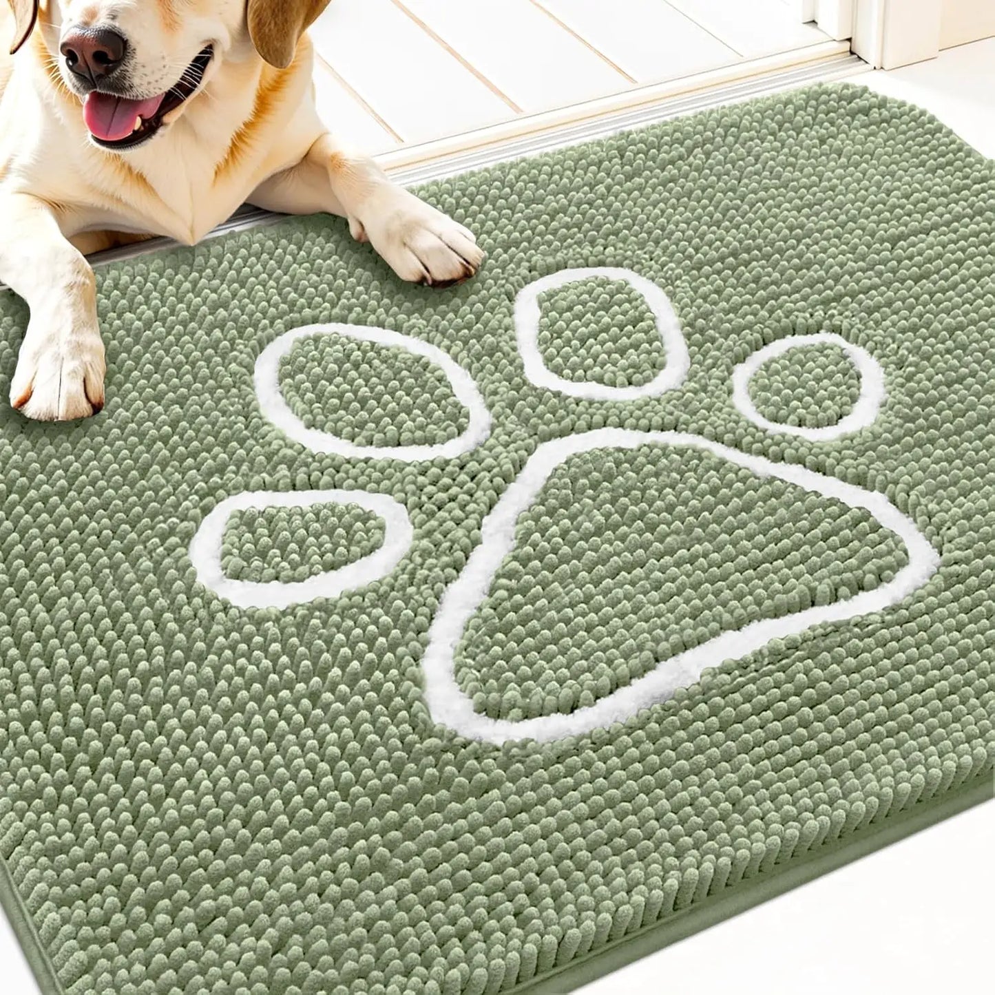 OLANLY Ultra Absorbent Chenille Door Mat for Pets - 24x16 Inches Non-Slip Washable Entryway Mat with Charming Paw Print Design and Quick-Dry Features in Beige OLANLY