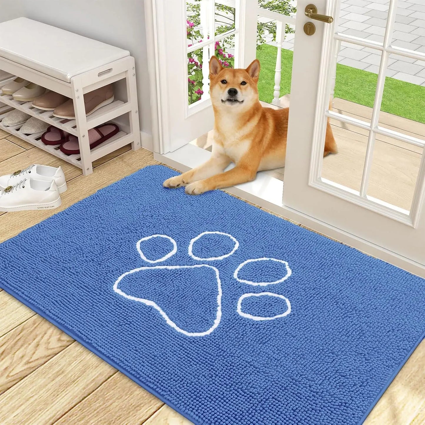 OLANLY Ultra Absorbent Chenille Door Mat for Pets - 24x16 Inches Non-Slip Washable Entryway Mat with Charming Paw Print Design and Quick-Dry Features in Beige OLANLY