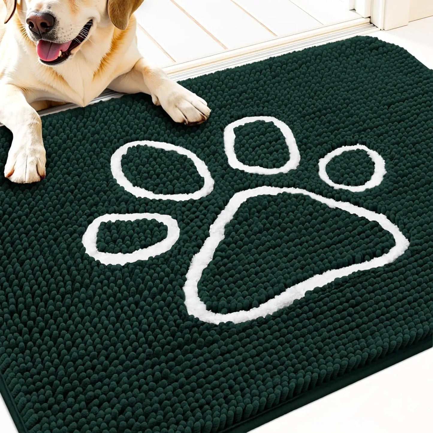 OLANLY Ultra Absorbent Chenille Door Mat for Pets - 24x16 Inches Non-Slip Washable Entryway Mat with Charming Paw Print Design and Quick-Dry Features in Beige OLANLY