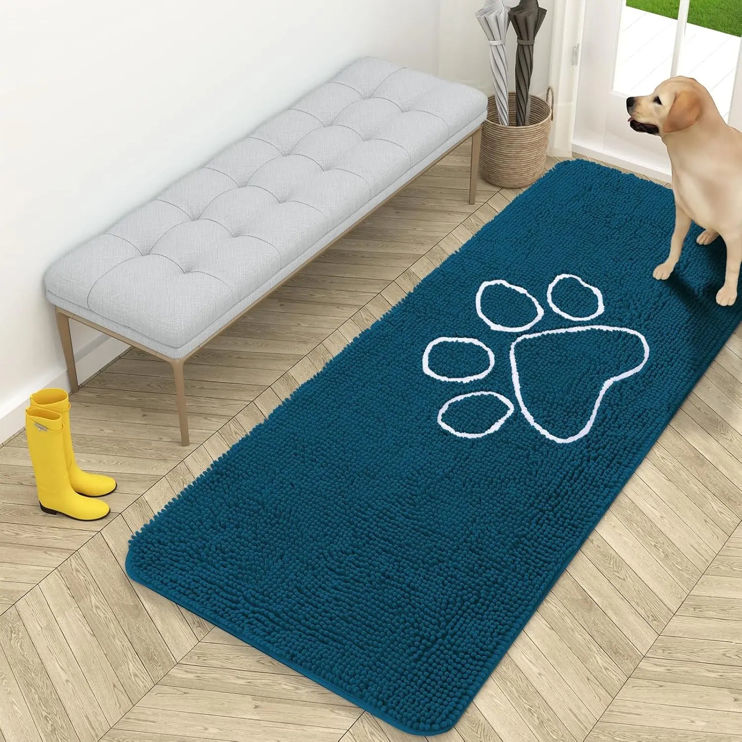 OLANLY Ultra Absorbent Chenille Door Mat for Pets - 24x16 Inches Non-Slip Washable Entryway Mat with Charming Paw Print Design and Quick-Dry Features in Beige OLANLY