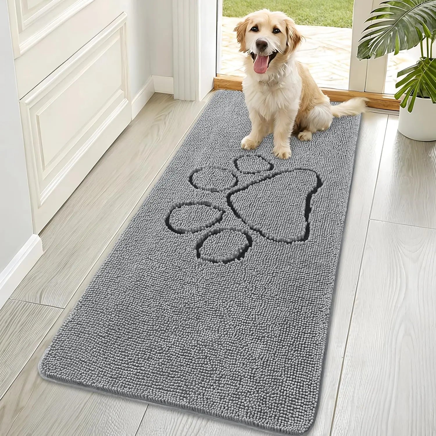 OLANLY OLANLY Ultra Absorbent Chenille Door Mat For Pets 24x16 Inches Non Slip Washable Entryway Mat Beige Paw Print Design - Animals & Pet Supplies > Pet Supplies