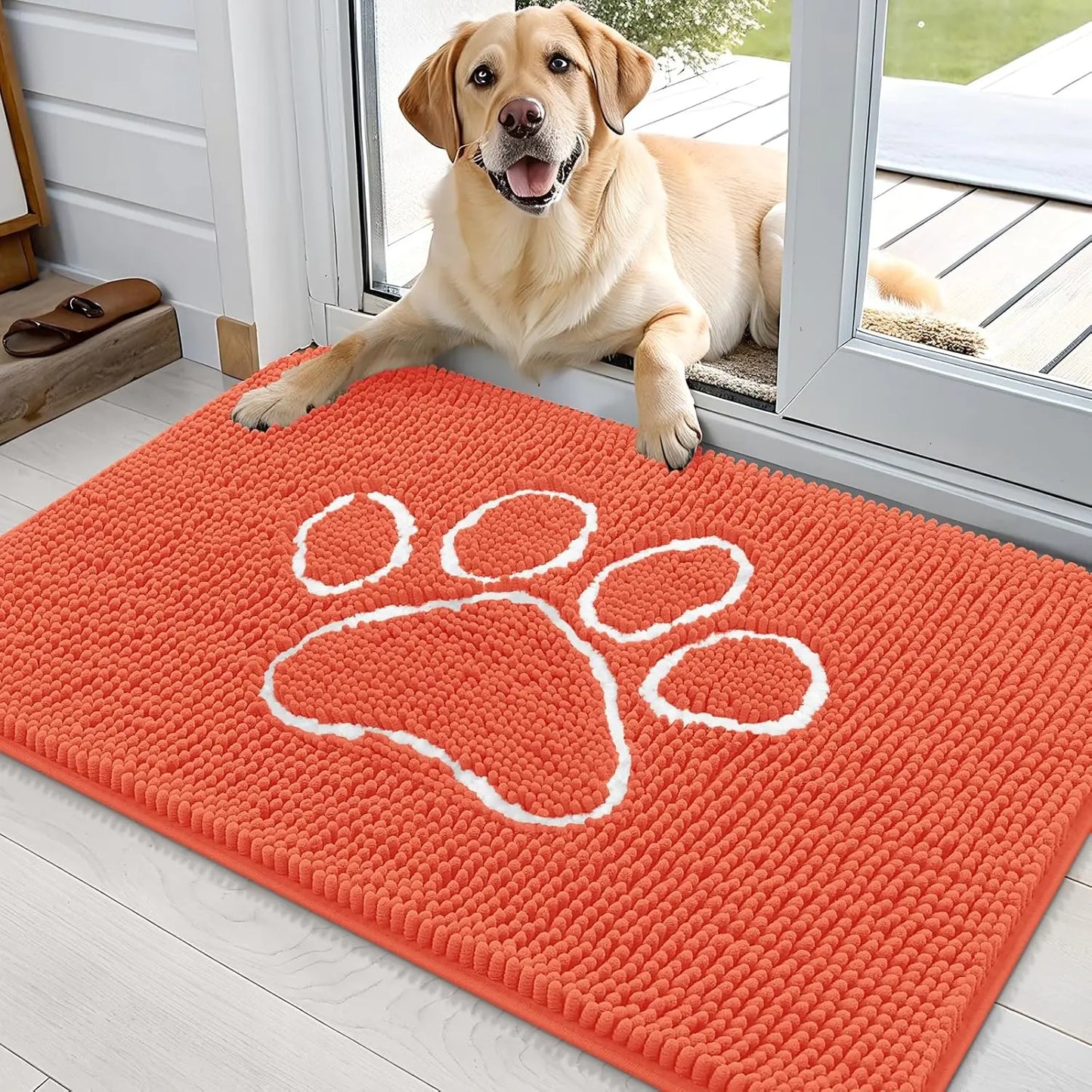 OLANLY Ultra Absorbent Chenille Door Mat for Pets - 24x16 Inches Non-Slip Washable Entryway Mat with Charming Paw Print Design and Quick-Dry Features in Beige OLANLY