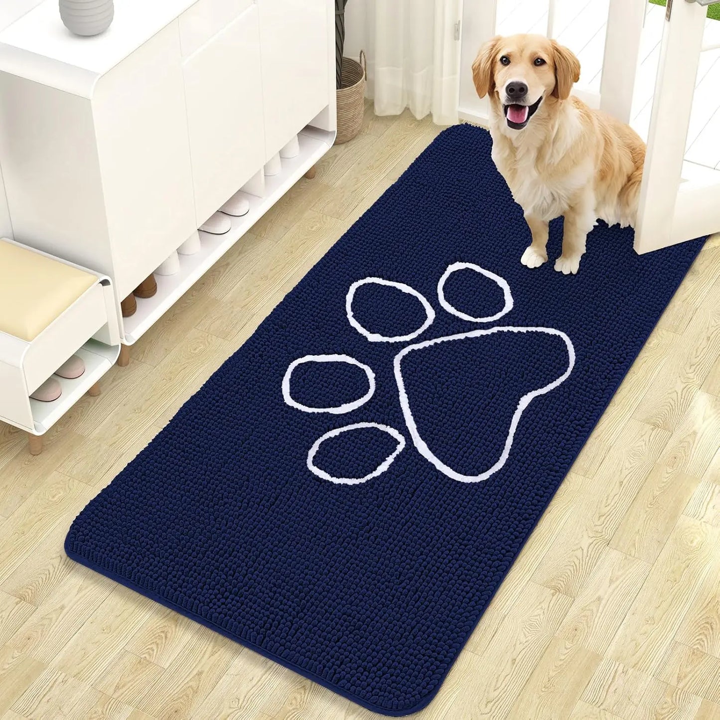 OLANLY Ultra Absorbent Chenille Door Mat for Pets - 24x16 Inches Non-Slip Washable Entryway Mat with Charming Paw Print Design and Quick-Dry Features in Beige OLANLY