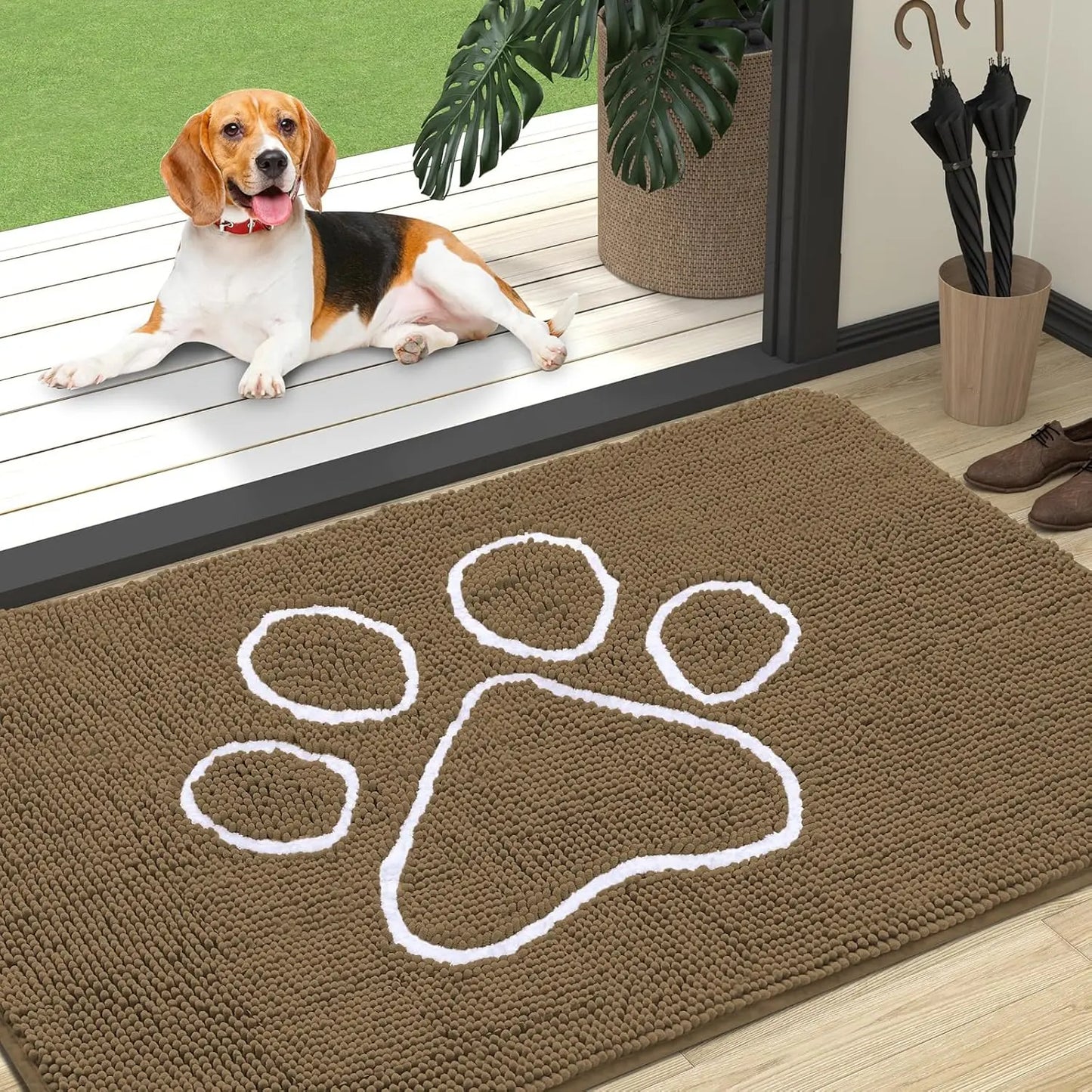 OLANLY Ultra Absorbent Chenille Door Mat for Pets - 24x16 Inches Non-Slip Washable Entryway Mat with Charming Paw Print Design and Quick-Dry Features in Beige OLANLY
