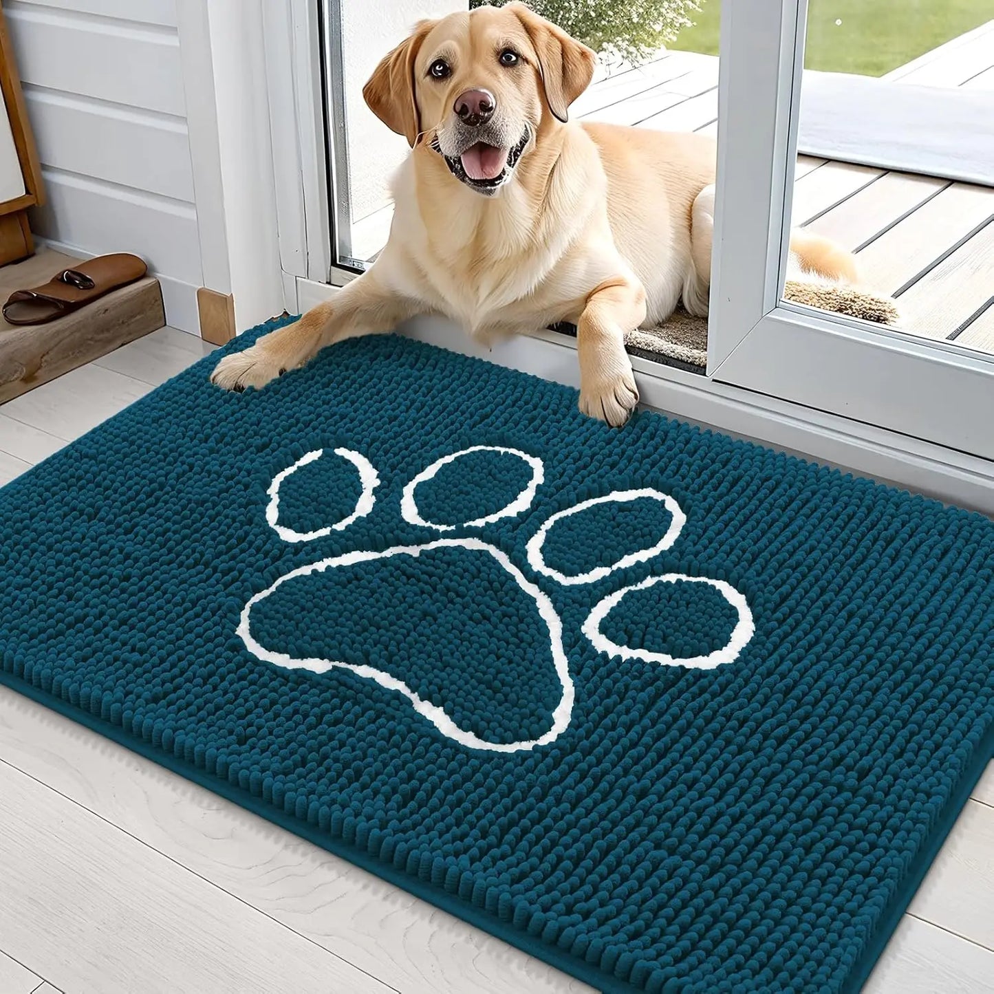 OLANLY Ultra Absorbent Chenille Door Mat for Pets - 24x16 Inches Non-Slip Washable Entryway Mat with Charming Paw Print Design and Quick-Dry Features in Beige OLANLY